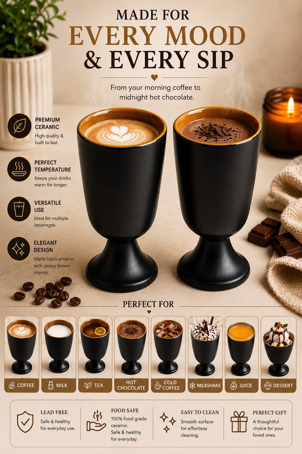 Set of 2 Modern Ceramic Goblet Glasses 250 ml | Matte Black Stemmed Drinking Cups with Glossy Brown Interior | Premium Ceramic Cups for Coffee Tea Milk Hot Chocolate Juice & Cold Beverages