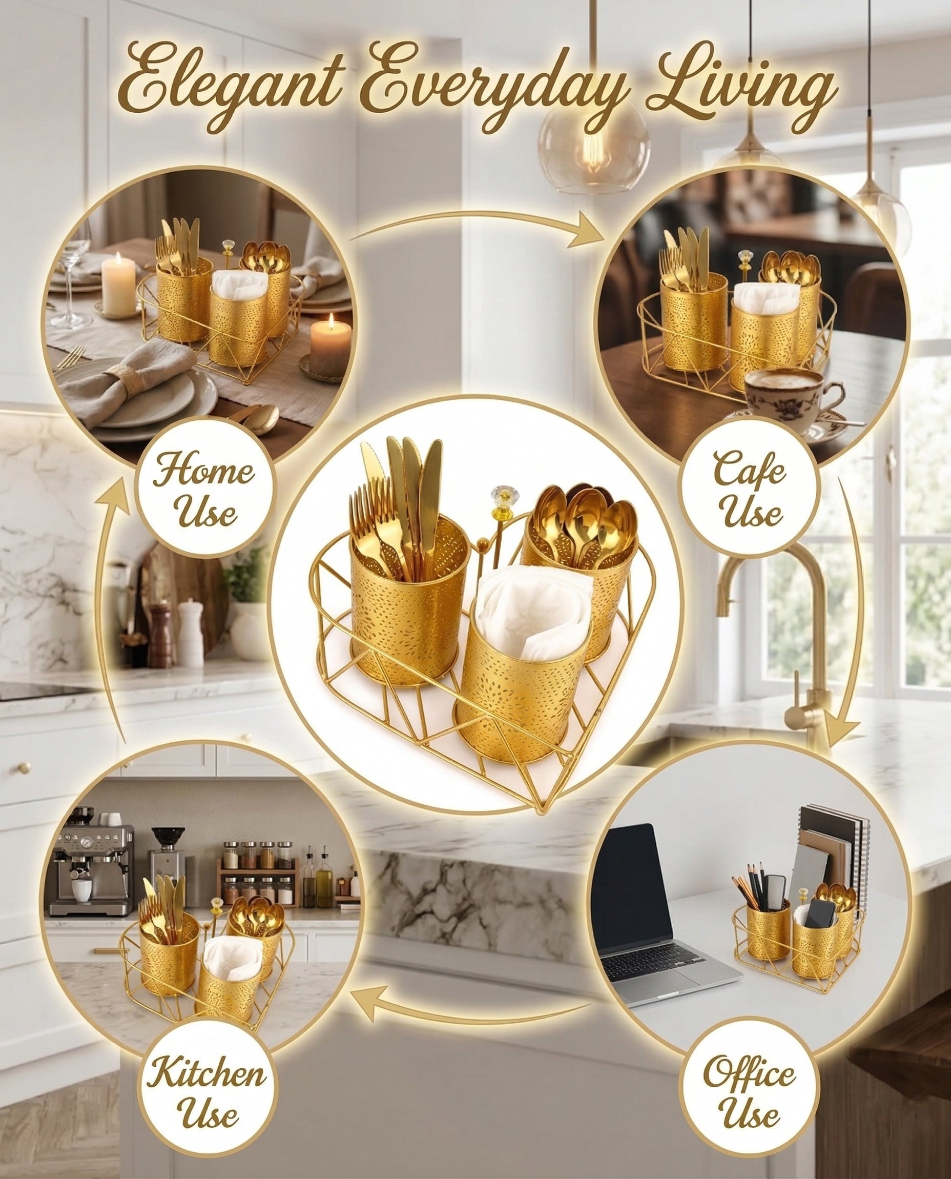 Premium 3-Compartment Metal Cutlery & Napkin Holder | Elegant Gold Finish Galvanized Organizer with Stand | Spoon, Fork, Knife & Tissue Storage for Dining Table & Kitchen Décor