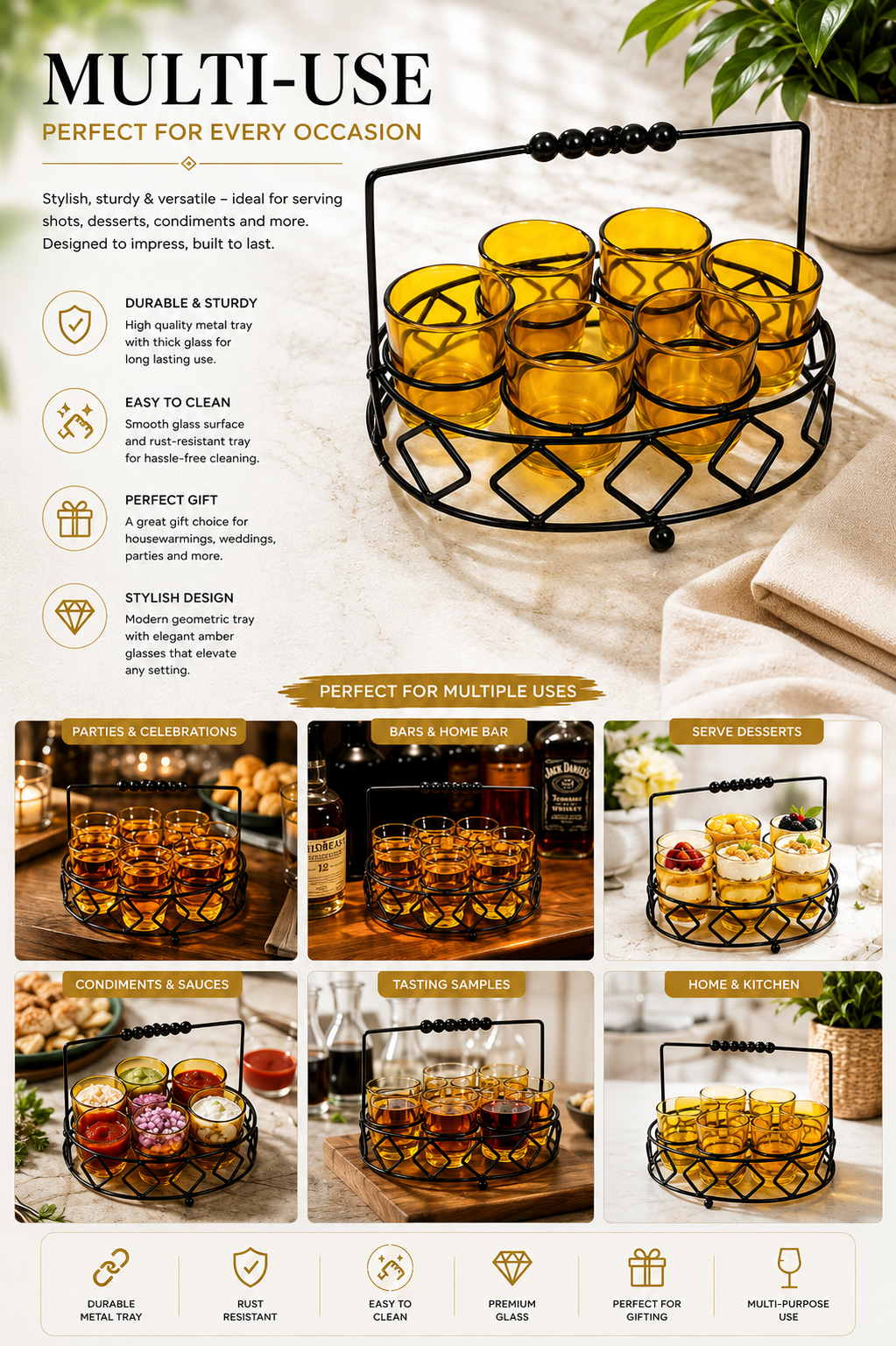 Premium Shot Glass Set of 6 with Metal Stand | 40ml Mini Whisky Vodka Tequila Glasses with Wooden Handle Carrier | Dhaba Style Serving Set for Home Bar & Parties