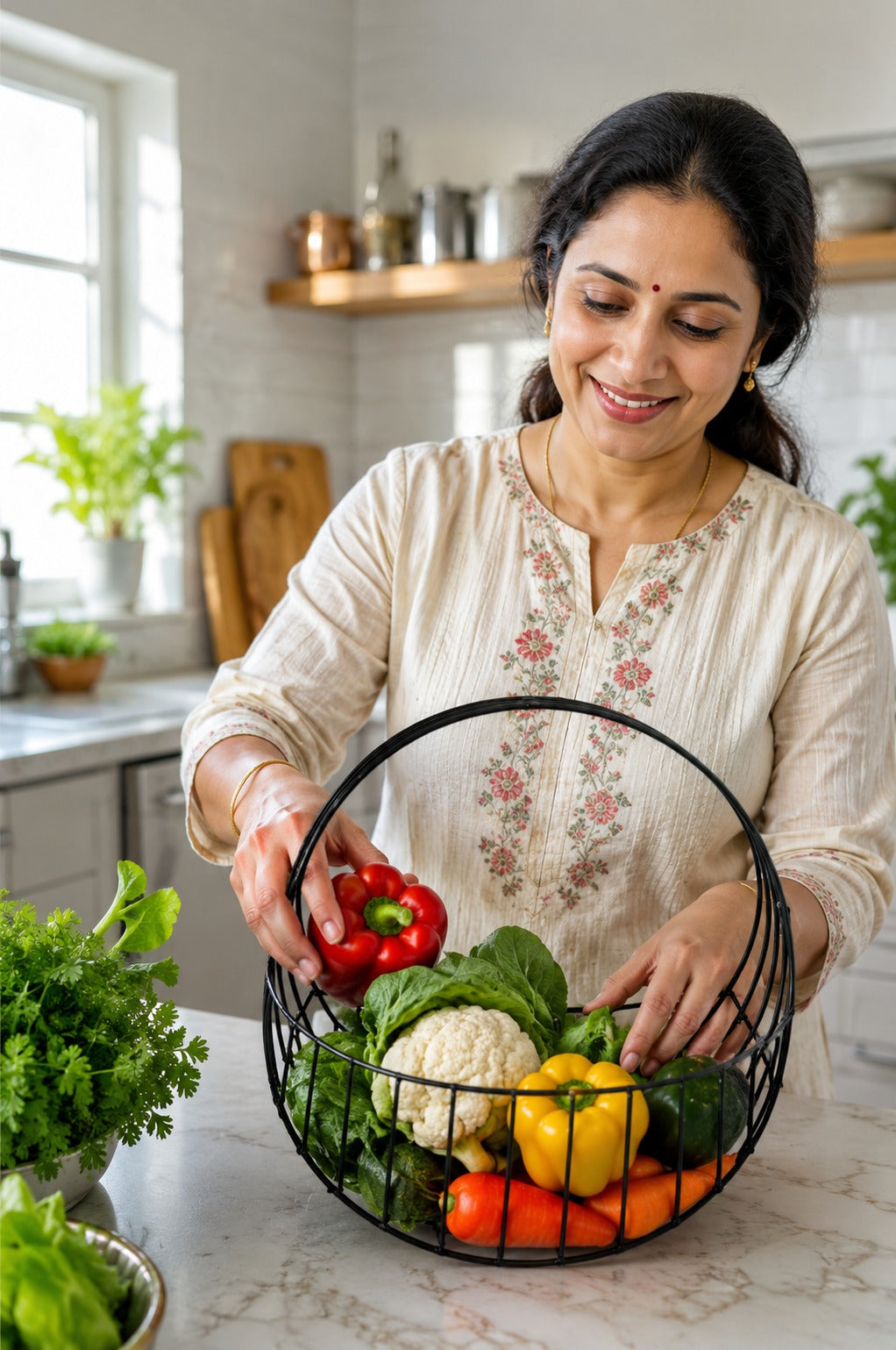 Modern Metal Fruit Basket with Arch Handle | Semi Round Wire Storage Basket | Kitchen & Dining Organizer