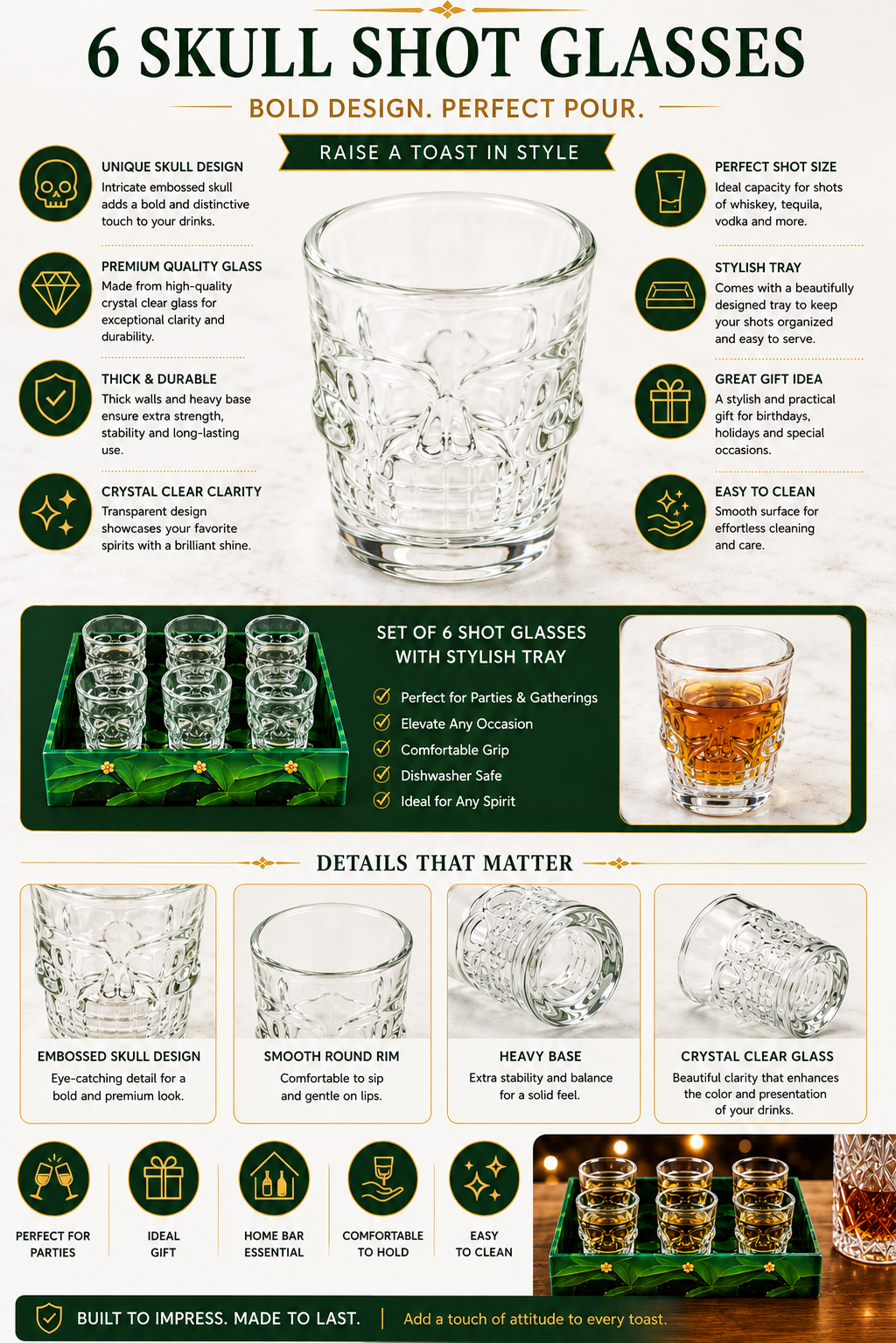 Skull Shot Glass Set Of 6 With MDF Resin Tray | 50ml Clear Skull Design Glasses For Vodka, Whiskey, Tequila & Cocktails | Barware Set For Parties & Gifting