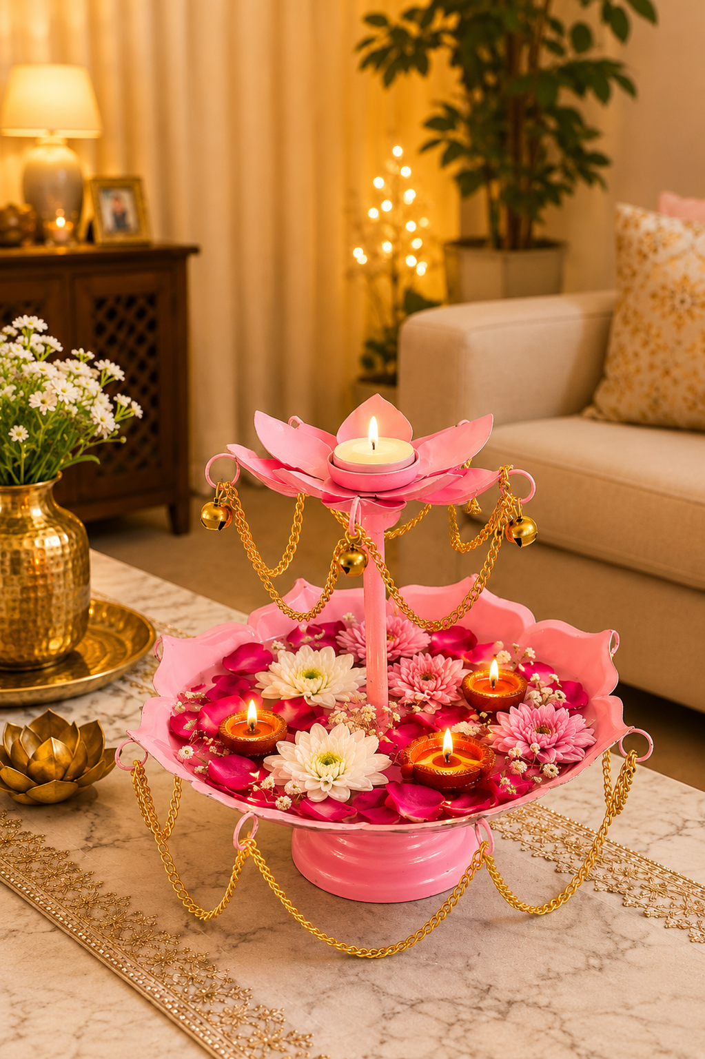 Pink Metal Urli Bowl with Diya Stand & Hanging Chain Design for Floating Flowers & Candles | Decorative Centerpiece for Diwali, Wedding, Home Décor & Festive Gifting
