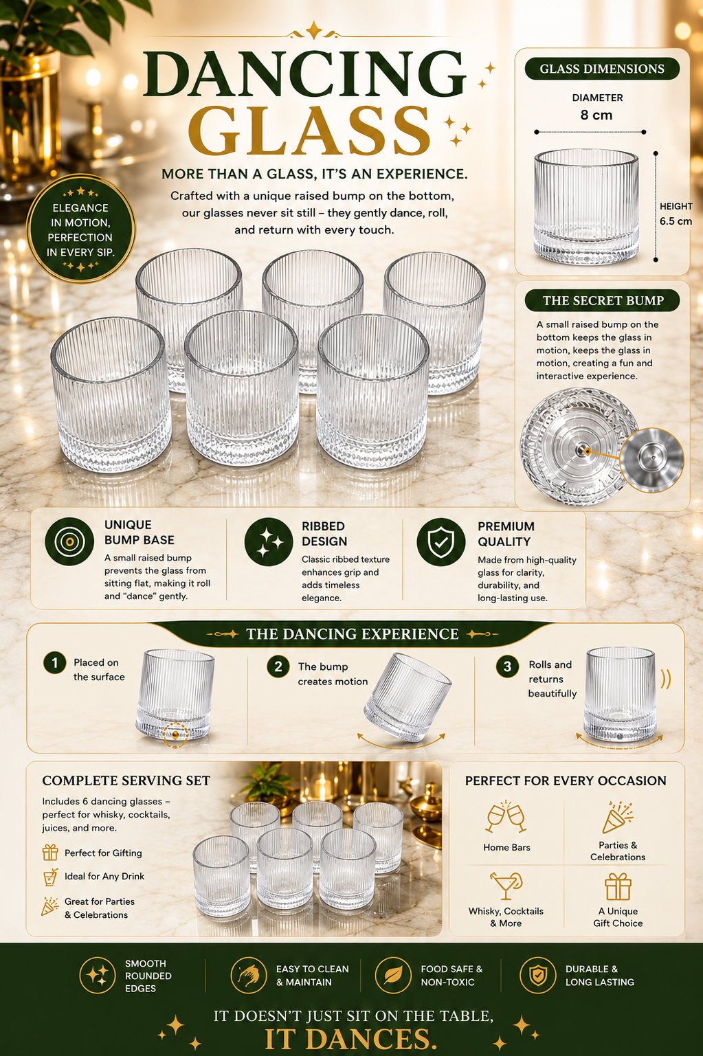 Premium Dancing Glass Serving Set with Round Metal Tray | 6 Self-Balancing Rocking Glasses & 1 Crystal Snack Bowl | Beverage Serving Set for Whisky, Cocktails, Juice, Tea & Home Entertaining