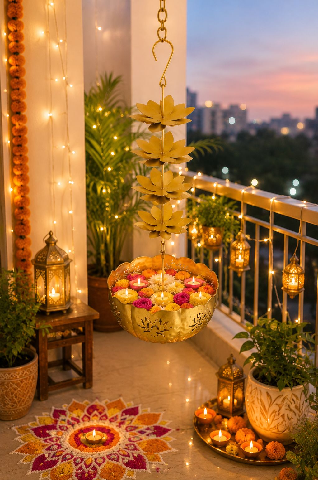 Premium Hanging Lotus Urli Bowl | Decorative Metal Hanging Flower Urli for Floating Flowers, Water & Candles | Traditional Hanging Urli for Diwali, Pooja, Wedding & Home Decoration