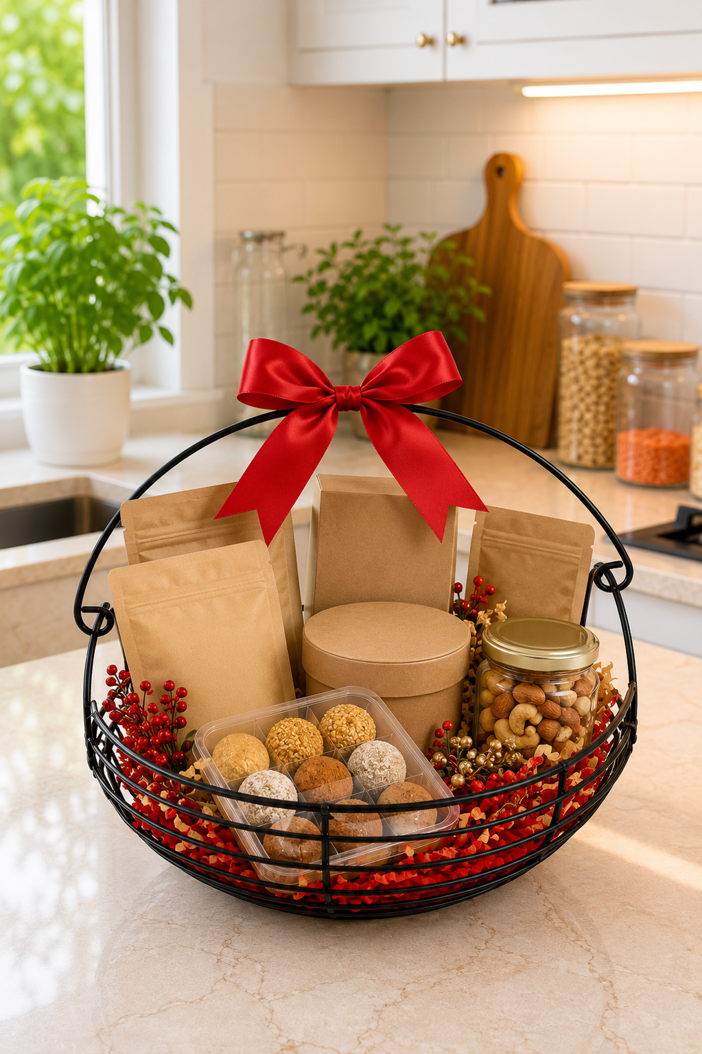 Modern Metal Fruit & Vegetable Basket | Large Round Wire Storage Basket with Handle | Kitchen & Dining Organizer