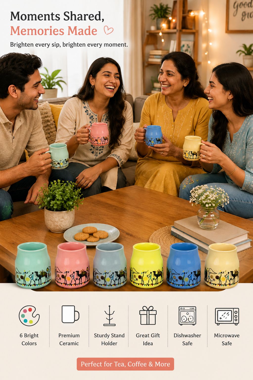Printed Ceramic Coffee Mug Set Of 6 With Metal Stand | Designer Tea & Coffee Cups With Holder For Home, Kitchen, Office & Gifting