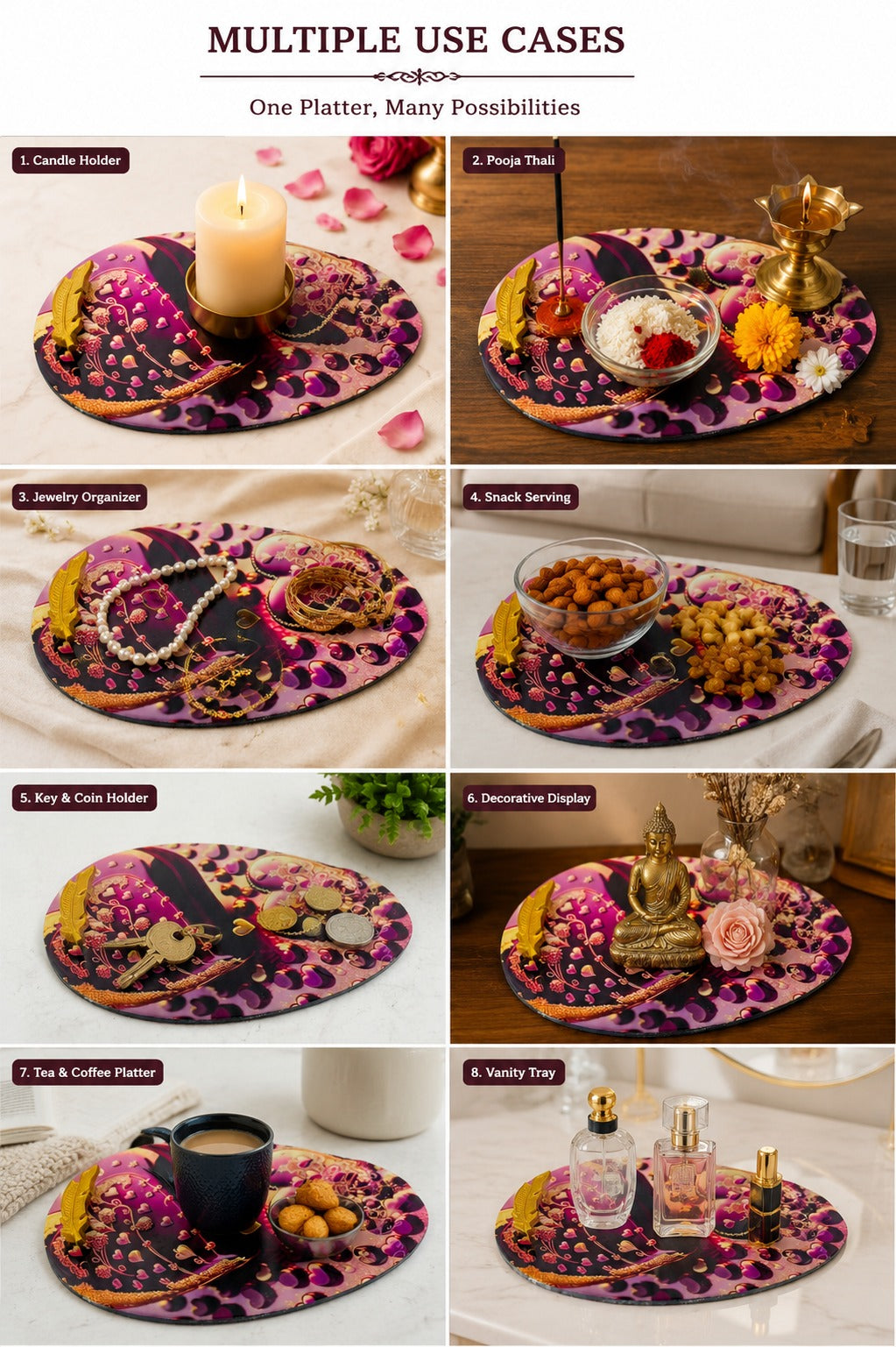 Premium Oval MDF Snack Serving Platter with Glass Dip Bowl & Gold Feather Handle | Decorative Multipurpose Serving Tray for Snacks, Dry Fruits, Desserts & Tea Time