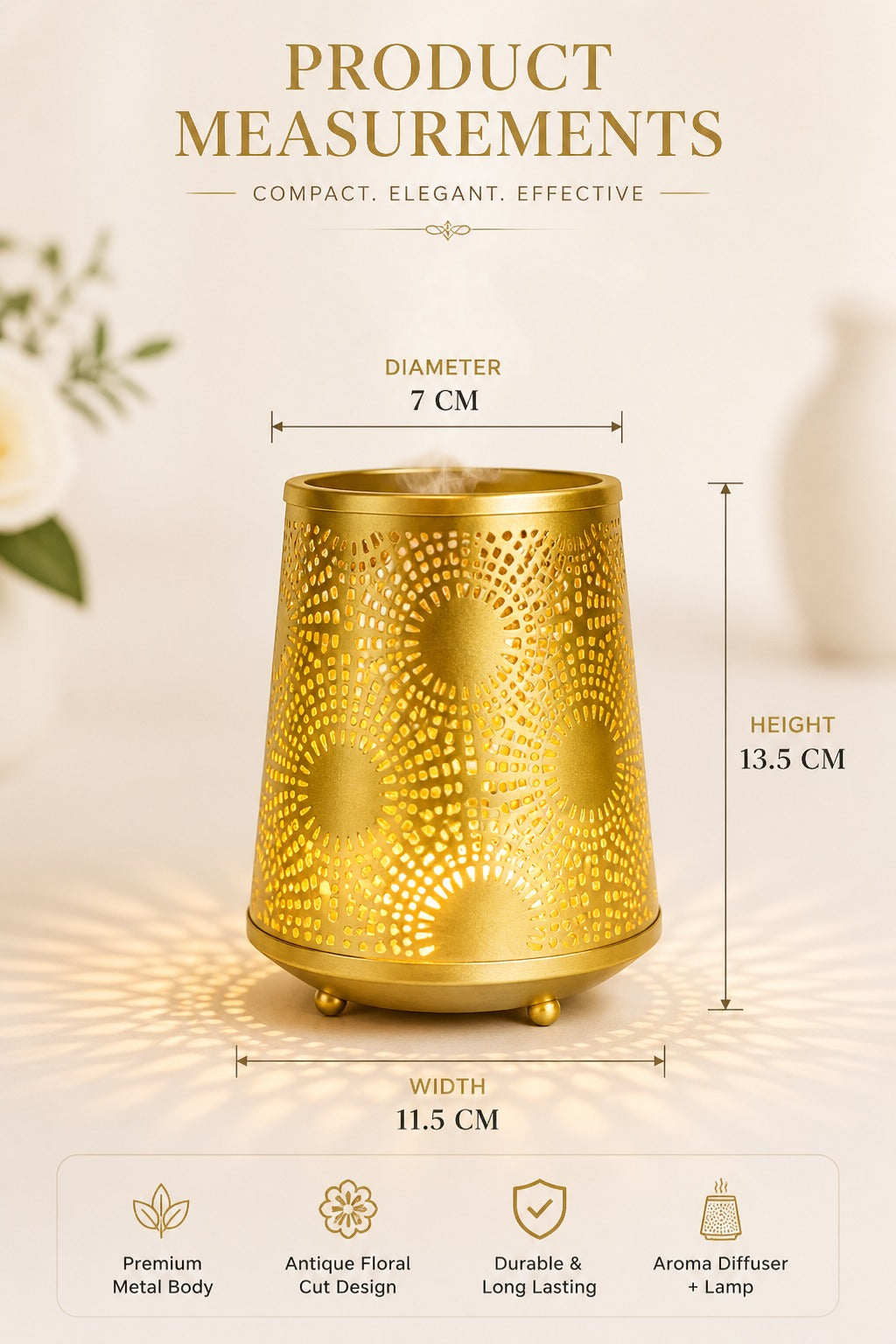 Metal Electric Aroma Diffuser Burner | Circular Cutwork Bulb Heat Oil Warmer Lamp | Fragrance Diffuser for Home, Office, Spa & Meditation | Free 10 ml Aroma Oil Included