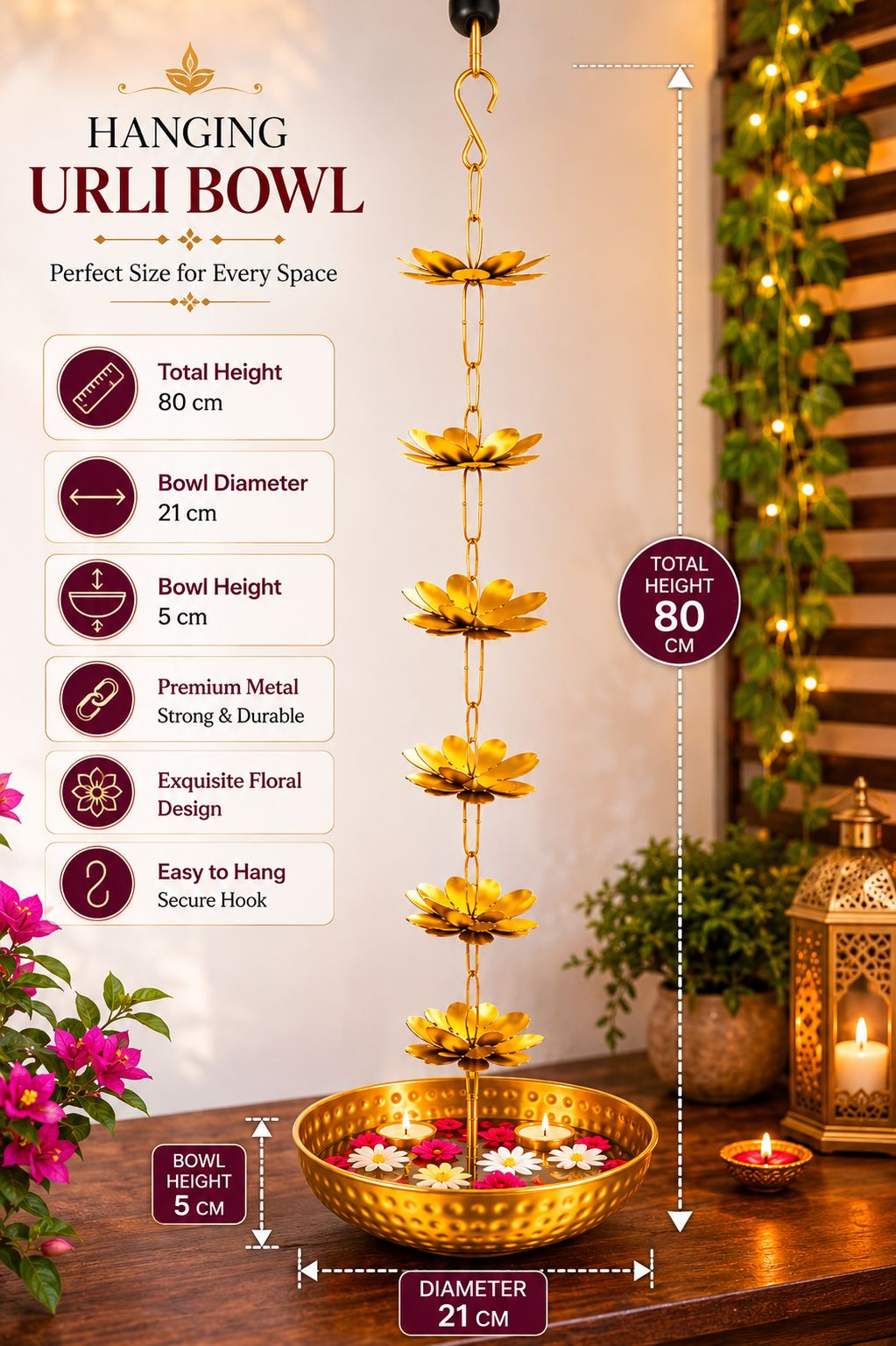 Premium Hanging Lotus Urli Bowl with Decorative Flower Chain | Handcrafted Metal Floating Flower Bowl for Water, Candles & Tea Lights | Hanging Urli for Diwali, Pooja, Wedding & Home Décor