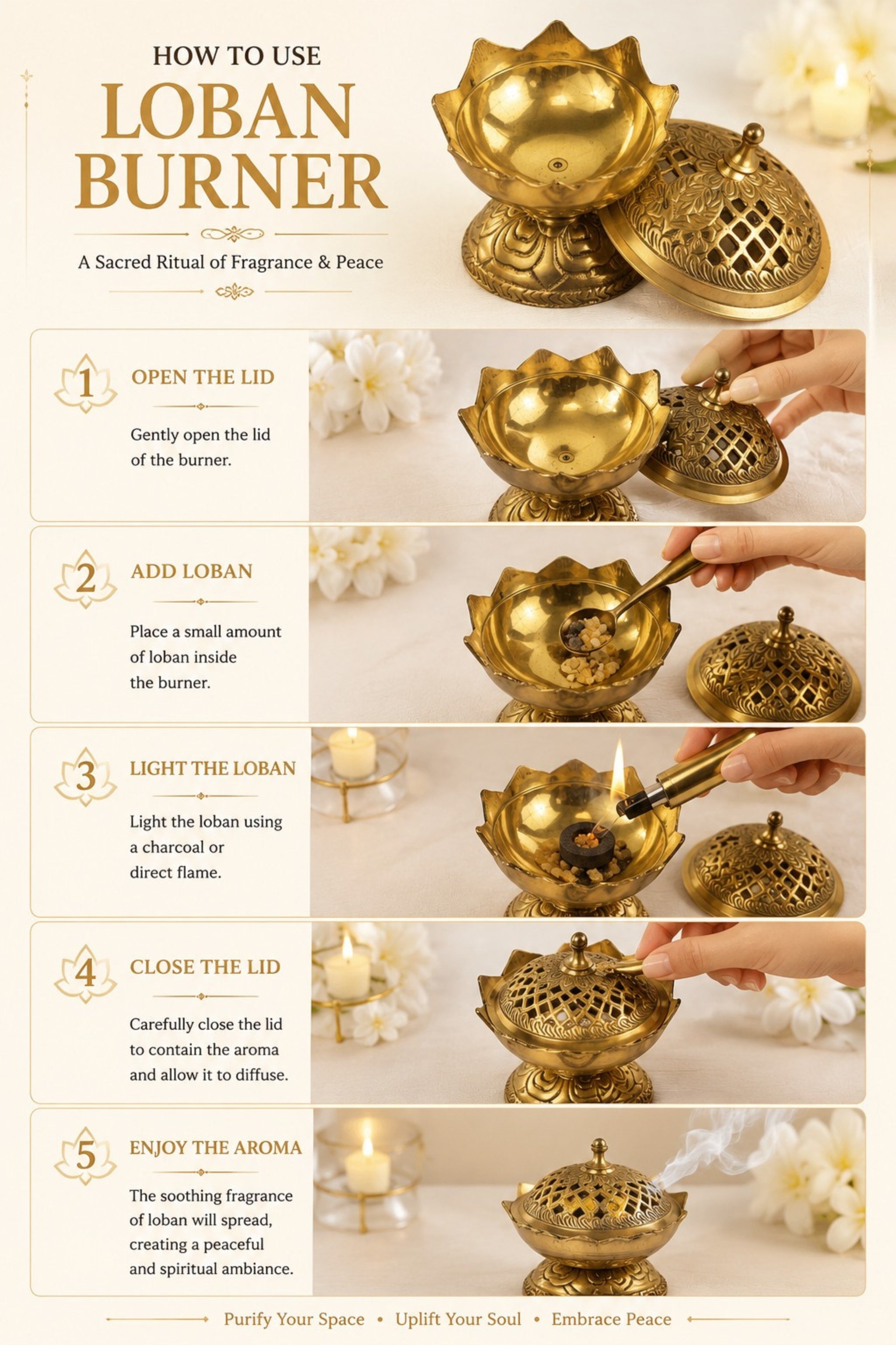 Premium Brass Lotus Loban Burner with Removable Lid | Handcrafted Brass Dhoop Dani for Loban, Sambrani Cups, Bakhoor, Resin Incense & Dhoop | Decorative Incense Burner for Home Temple, Meditation & Gifting