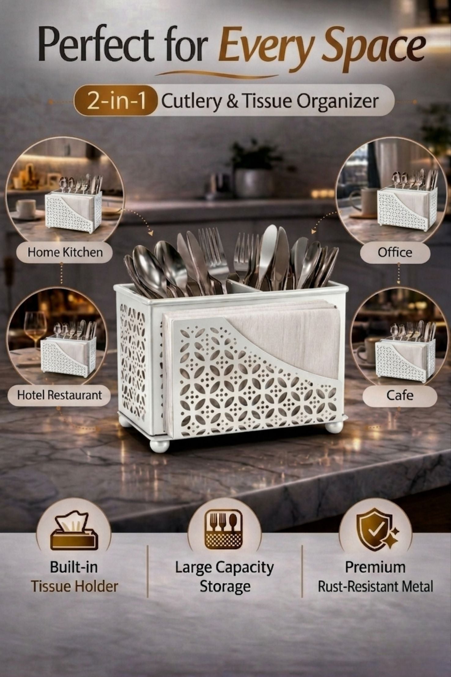 Premium 2-in-1 Cutlery & Napkin Holder | Elegant Cream Metal Organizer with Laser Cut Floral Design | Tabletop Storage for Spoons, Forks, Knives & Tissue | Kitchen & Dining Decor