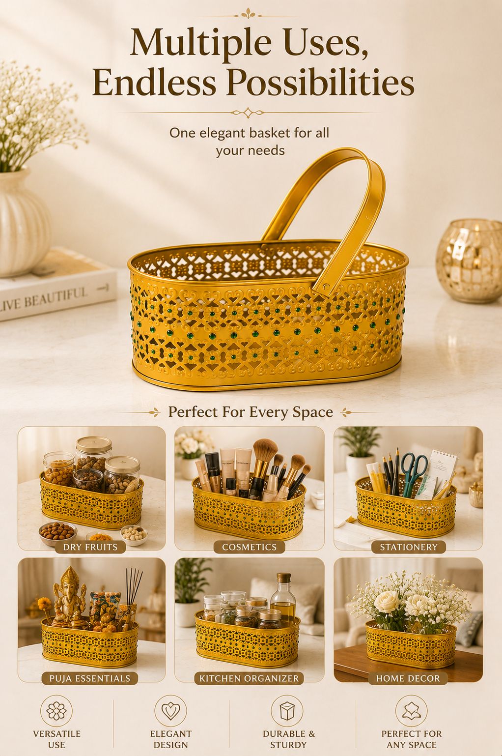 Premium Decorative Metal Gift Basket with Handle | Gold Finish Storage Basket | Dry Fruit, Gift Hamper, Fruit Basket, Home Decor & Multipurpose Organizer | 25 x 11.5 x 10 cm