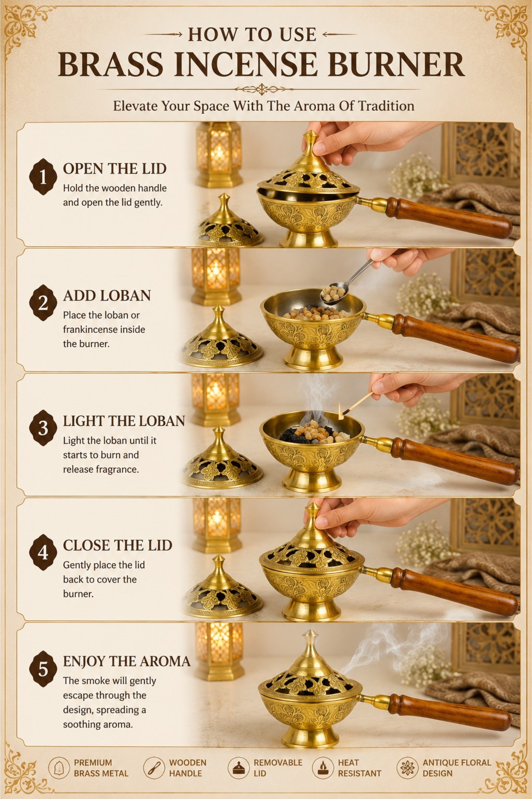 Premium Brass Loban Burner with Wooden Handle | Handcrafted Brass Dhoop Dani for Loban, Sambrani Cups, Bakhoor, Camphor & Resin Incense | Antique Floral Brass Incense Burner for Home Temple, Meditation & Gifting