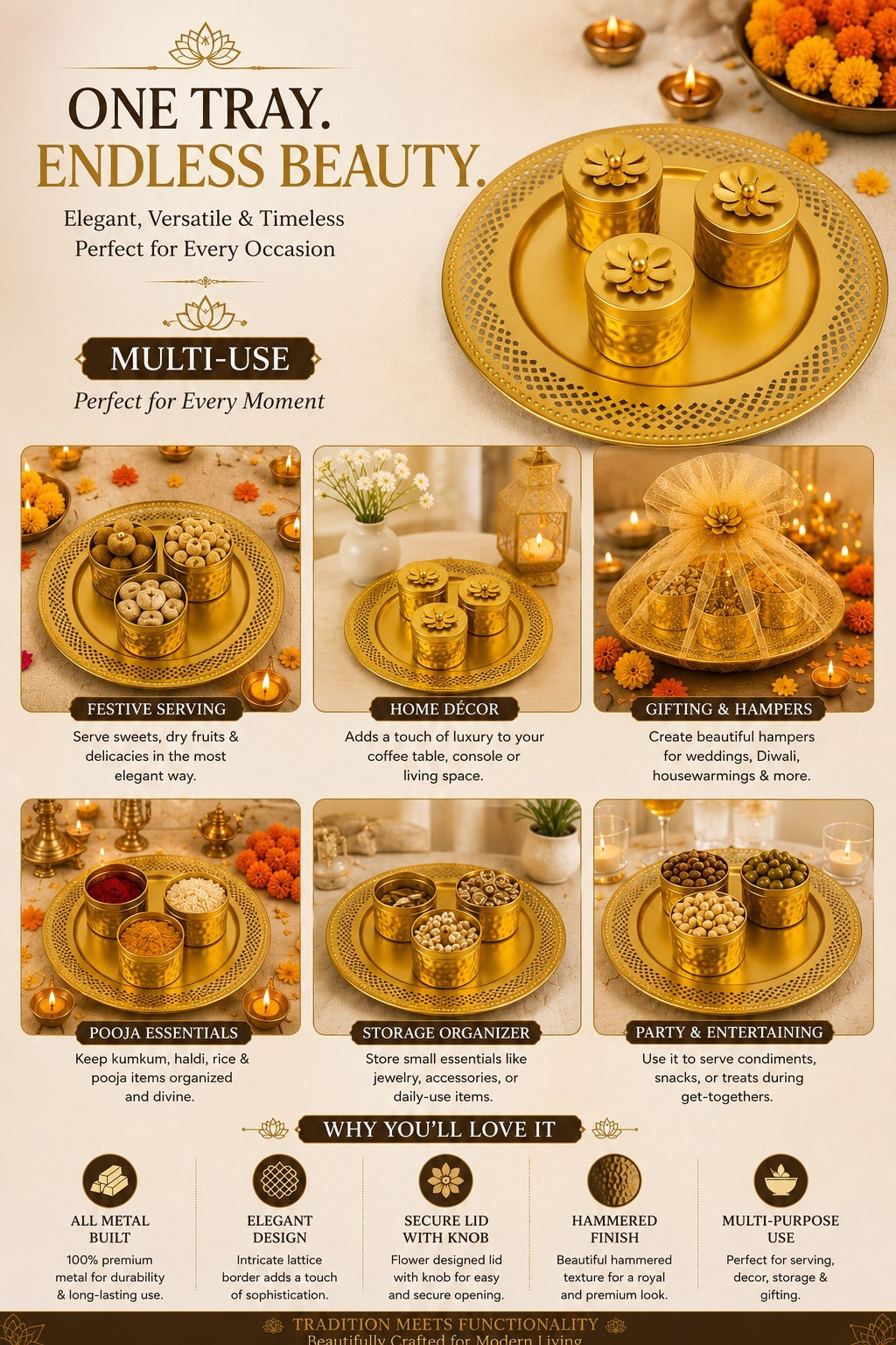 Premium Metal Dry Fruit Serving Tray Set with 3 Containers | Decorative Round Platter with Floral Lid Jars | Multipurpose Snack, Sweet, Mukhwas & Festive Serving Set for Home & Gifting