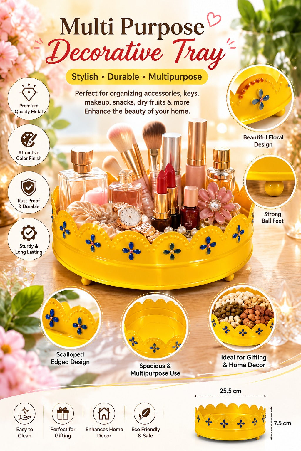 Premium Decorative Metal Round Tray (Yellow) | Yellow Multipurpose Gift Hamper Basket | Floral Serving Tray | Fruit, Cosmetics, Organizer & Home Decor Tray | 19 cm