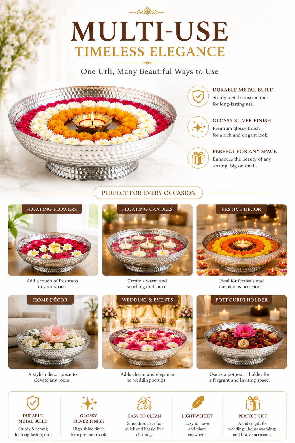 Premium Hammered Silver Urli Bowl | Decorative Metal Floating Flower Bowl for Water, Candles, Tea Lights & Diyas | Handcrafted Festival, Pooja, Wedding & Home Décor Centerpiece