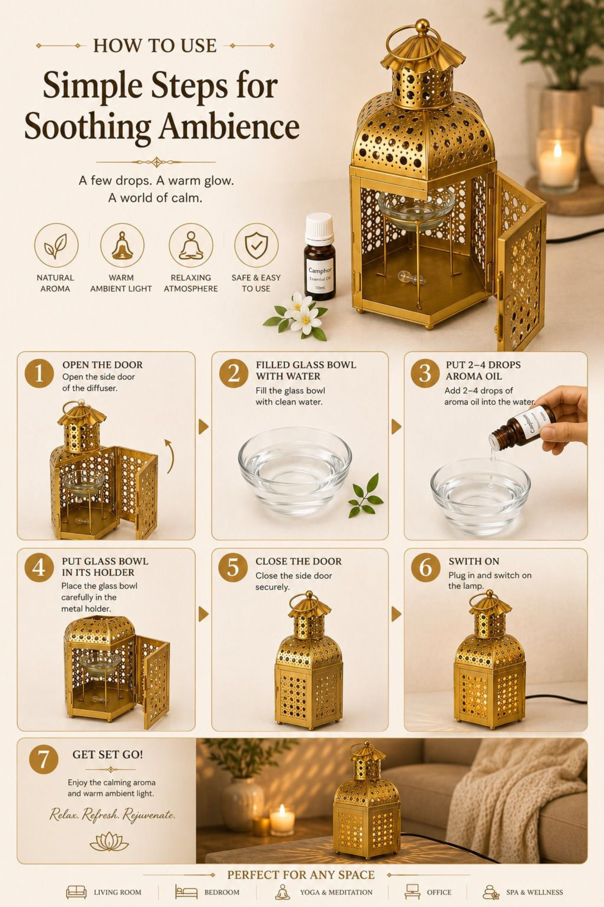 Premium Lantern Style Metal Aroma Diffuser Lamp with Essential Oil | Elegant Cutwork Electric Burner | Warm Ambient Light Aromatherapy Diffuser | Decorative Fragrance Lamp for Home & Gifting