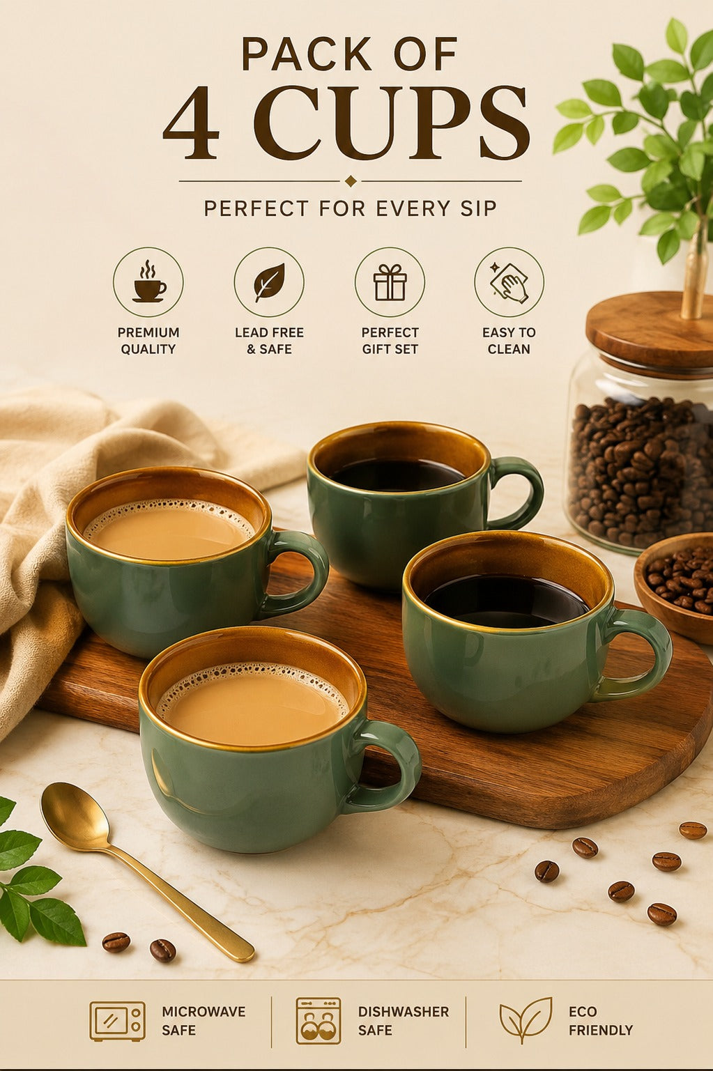 Set of 4 Ceramic Tea & Coffee Cups with Designer Serving Tray | Sage Green Coffee Mug Set | Premium Ceramic Cups for Home Kitchen & Gifting