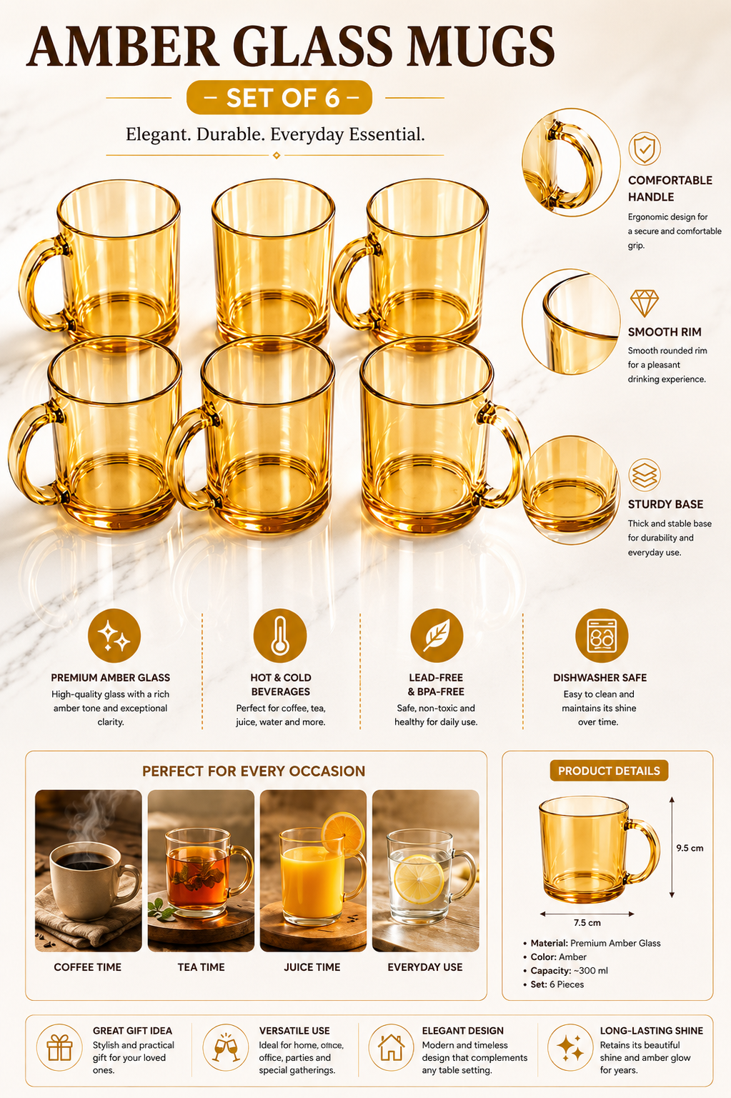Premium Amber Glass Cup Set with Metal Stand | 6 Pcs Transparent Tea & Coffee Cups (300 ml) | Elegant Glassware with Space-Saving Holder | Durable Designer Drinkware for Home, Kitchen & Gifting