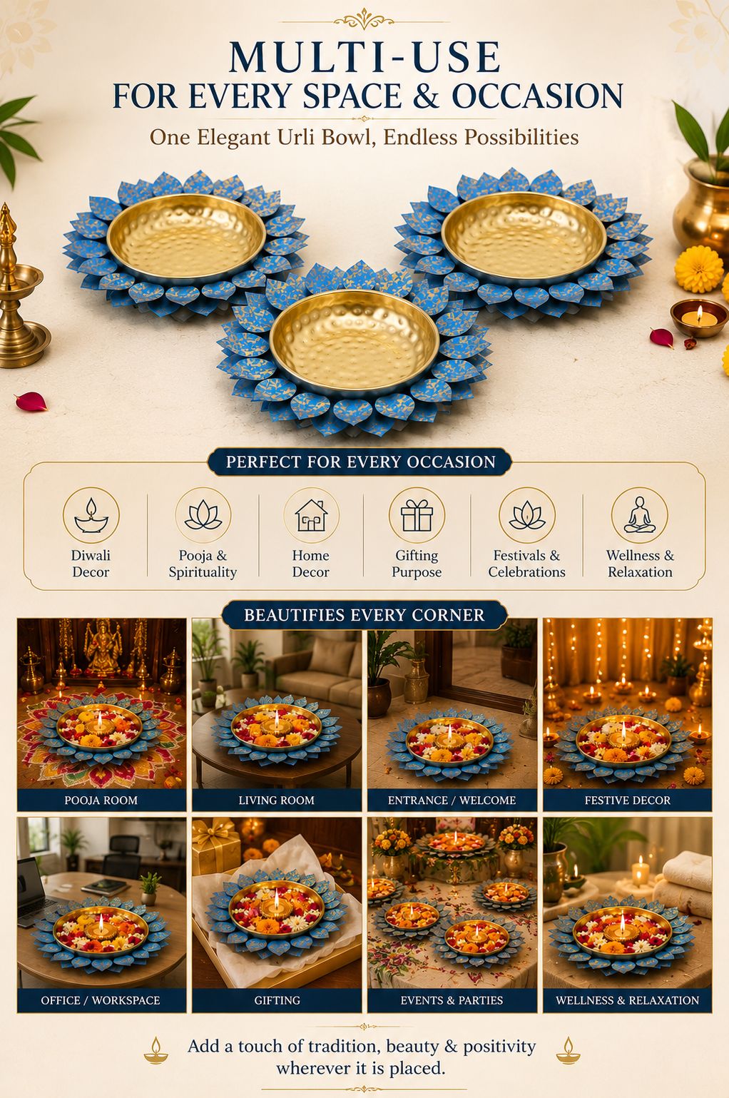 Decorative Lotus Metal Urli Bowl Set for Floating Flowers & Candles | Designer Festival & Entrance Decor (Set of 3, Blue & Gold)
