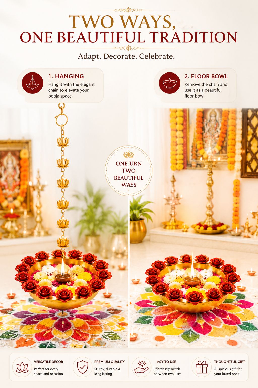 Premium Hanging Lotus Urli Bowl with Rose Rim Design | Decorative Metal Floating Flower Bowl with Lotus Chain | Hanging Urli for Water, Candles, Tea Lights, Diwali, Pooja, Wedding & Home Décor