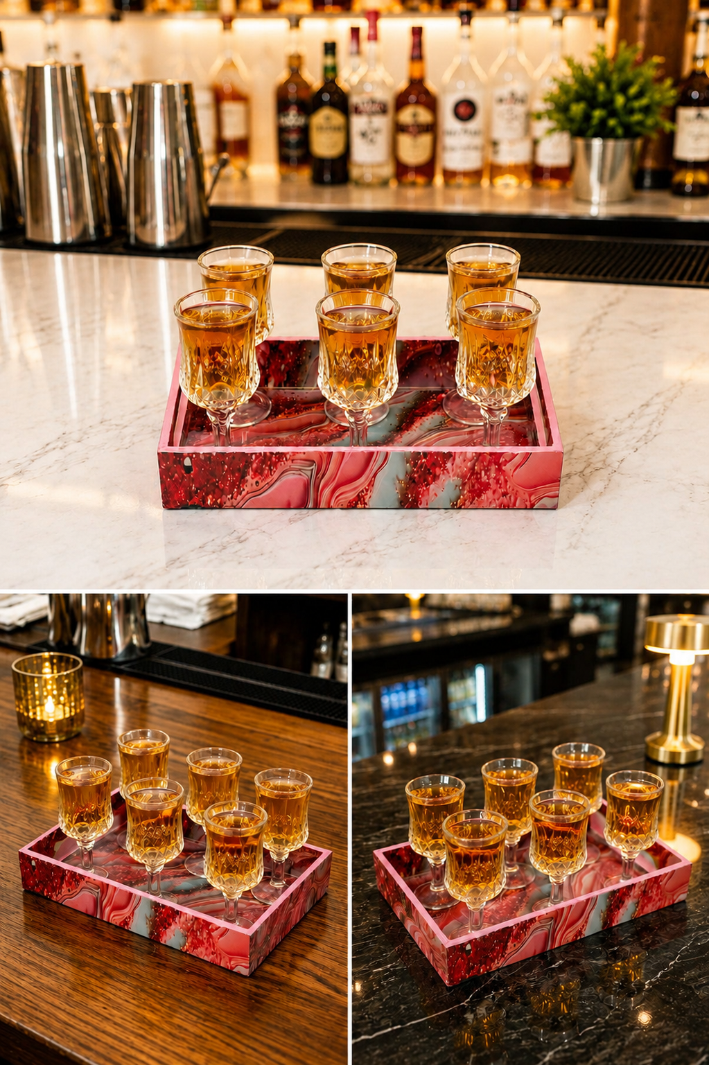 Premium Shot Glass Set Of 6 With MDF Resin Tray | Clear Designer Liqueur Glasses For Vodka, Whiskey, Tequila & Cocktails | Barware Set For Home & Parties