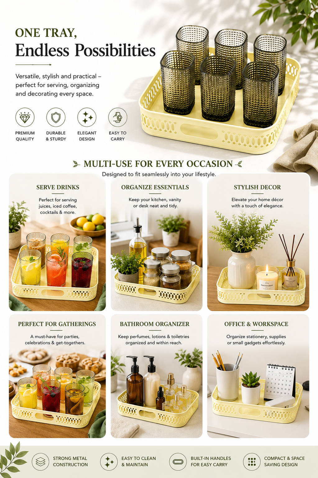 Premium Textured Glass Tumbler Set with Metal Serving Tray | 6 Smoke Grey Drinking Glasses & Decorative Metal Tray for Water, Juice, Cocktails, Mocktails & Everyday Serving