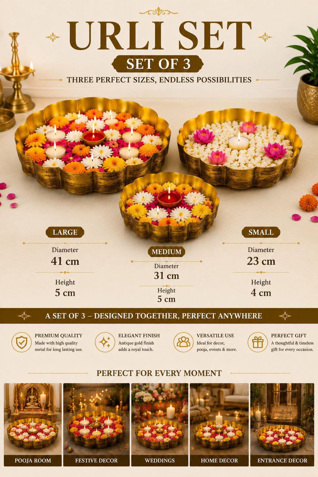 Premium Decorative Urli Bowl Set of 3 | Embossed Hammered Metal Floating Flower Bowls | Antique Gold Finish for Diyas, Candles, Pooja, Diwali, Weddings, Festivals & Home Décor