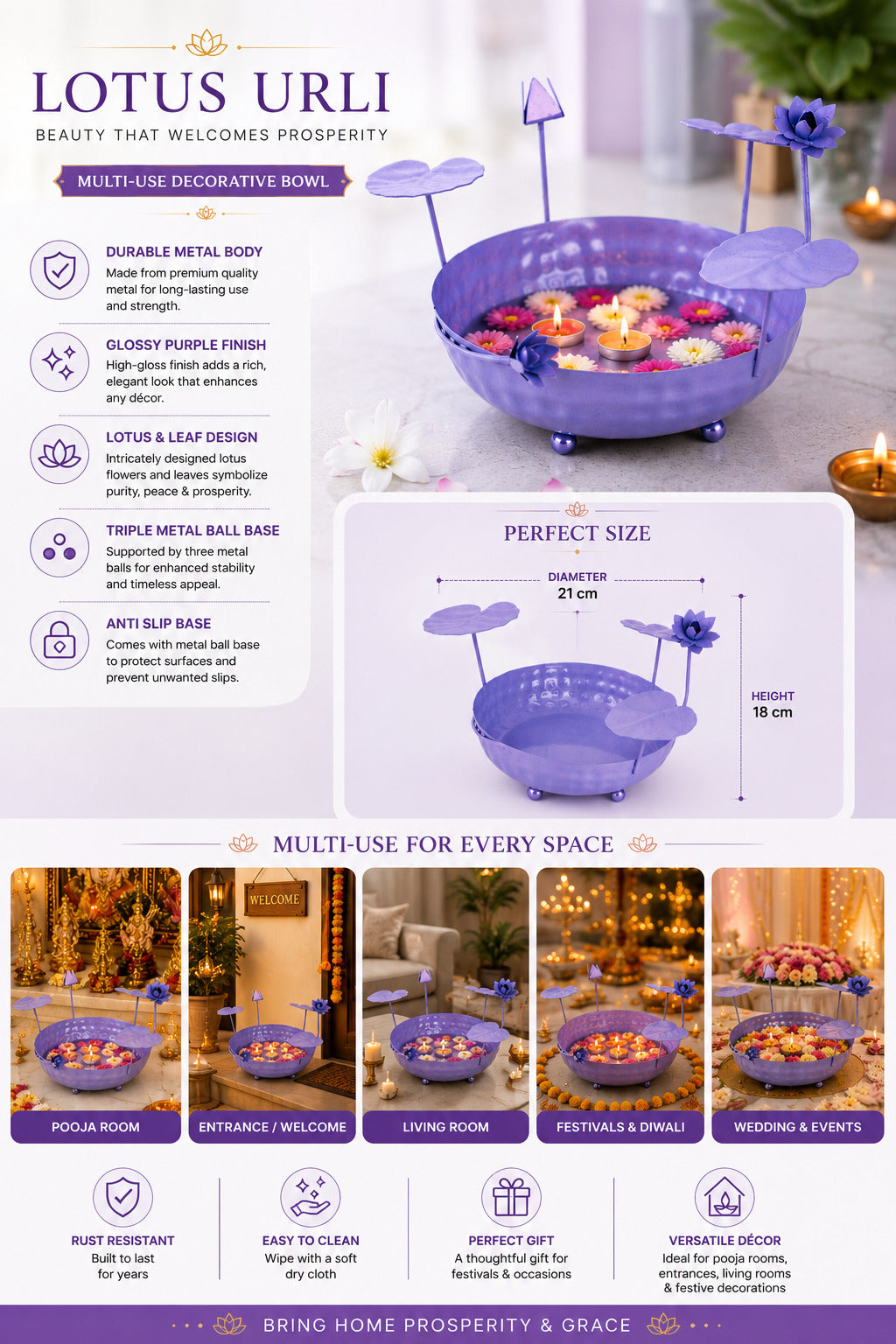 Galvanized Metal Urli Bowl for Floating Flowers & Candles | Decorative Urli with Lotus Stems for Home & Festival Decor (Lavender)