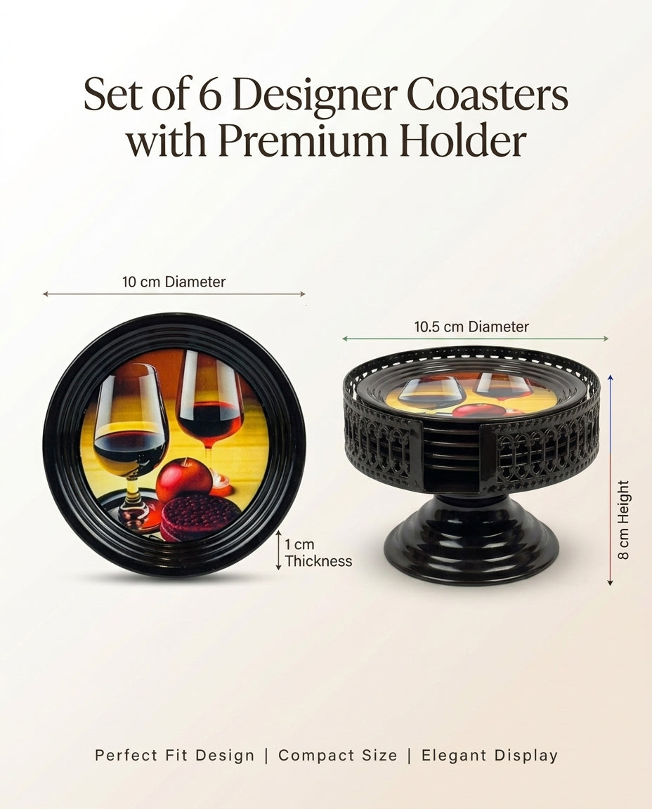Resin Coated Metal Coaster Set of 6 with Stand | Wine Theme Black Tea Coffee Coasters | Waterproof Heat Resistant Table Coasters