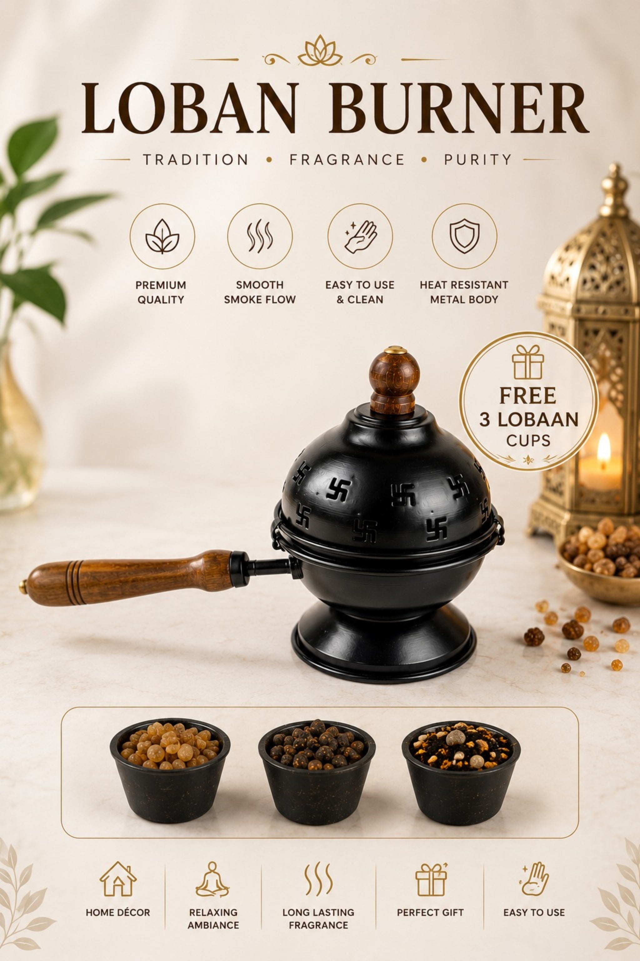 Premium Metal Loban Burner with Wooden Handle & 3 Free Loban Cups | Heat Resistant Incense Burner for Loban, Dhoop, Sambrani Cups, Bakhoor & Camphor | Home Temple, Meditation & Pooja Decor