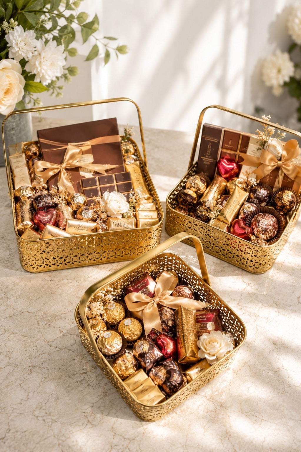 Premium Golden Metal Basket Set of 3 with Handle | Large, Medium & Small Multipurpose Storage Baskets | Gift Hamper, Fruit Basket, Kitchen Organizer, Vanity & Home Decor | Gold Finish