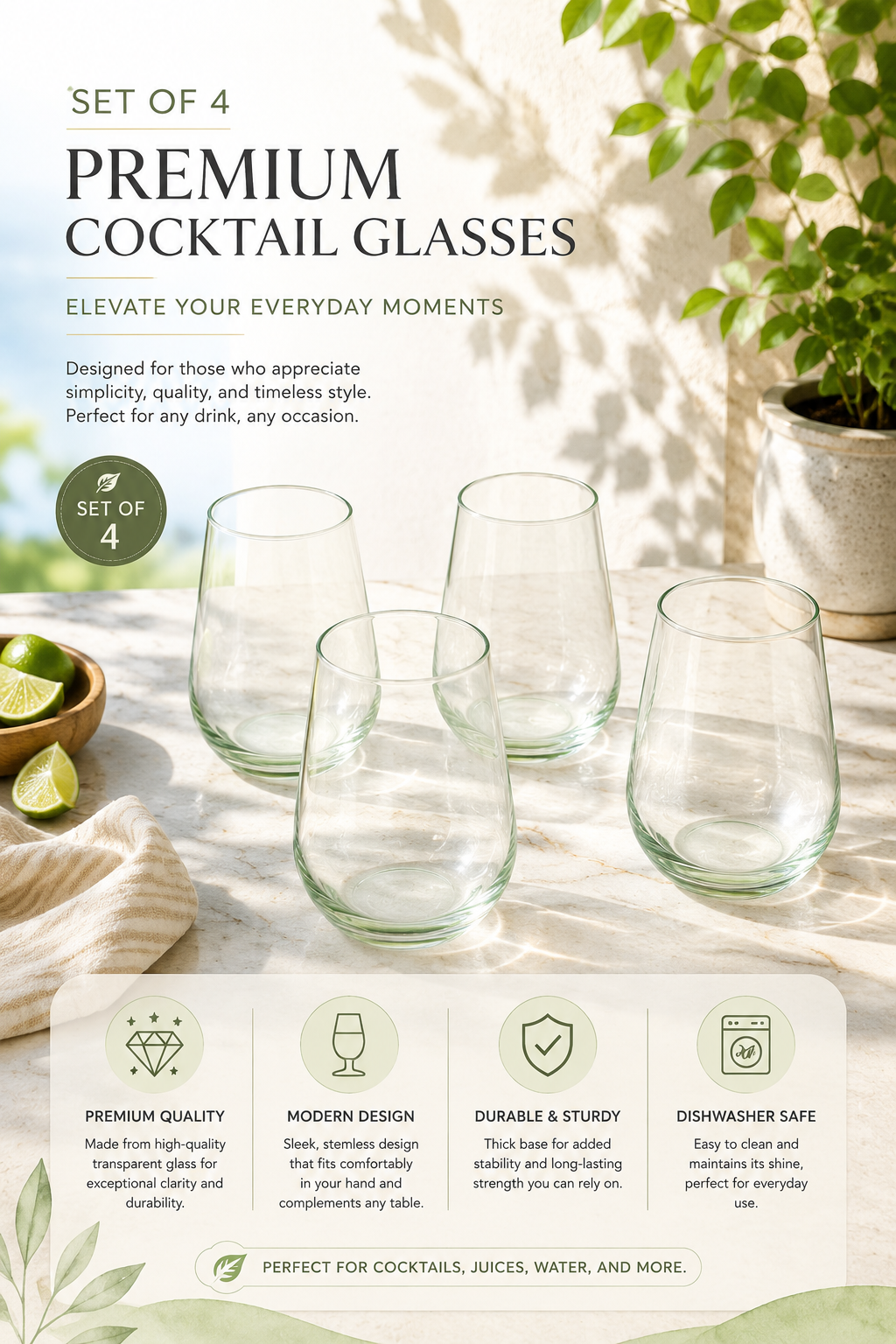 Set Of 4 Wine Glasses With Ivory Metal Tray | Premium Whisky Liqueur Glass Set With Serving Tray For Home Bar, Parties & Gifting