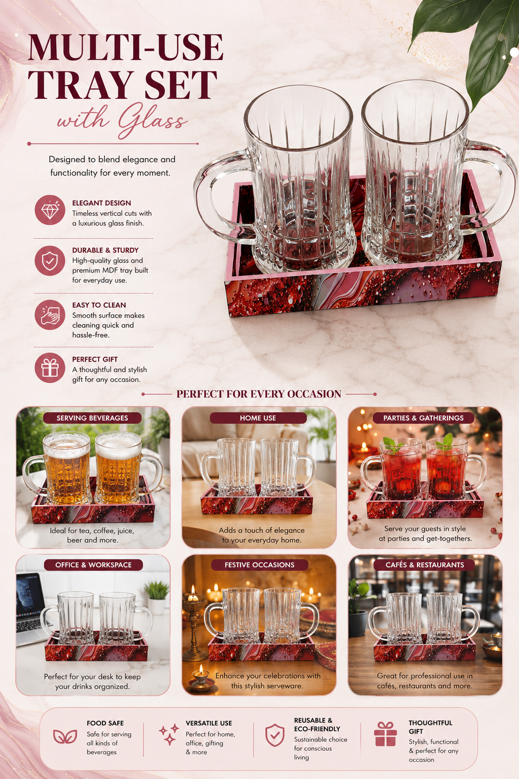 Premium Beer Mug Set with Decorative MDF Serving Tray | 2 Crystal Clear Glass Beer Mugs with Marble Finish Tray | Heavy Handle Beer Glasses for Beer, Juice, Soft Drinks & Home Bar Gift Set
