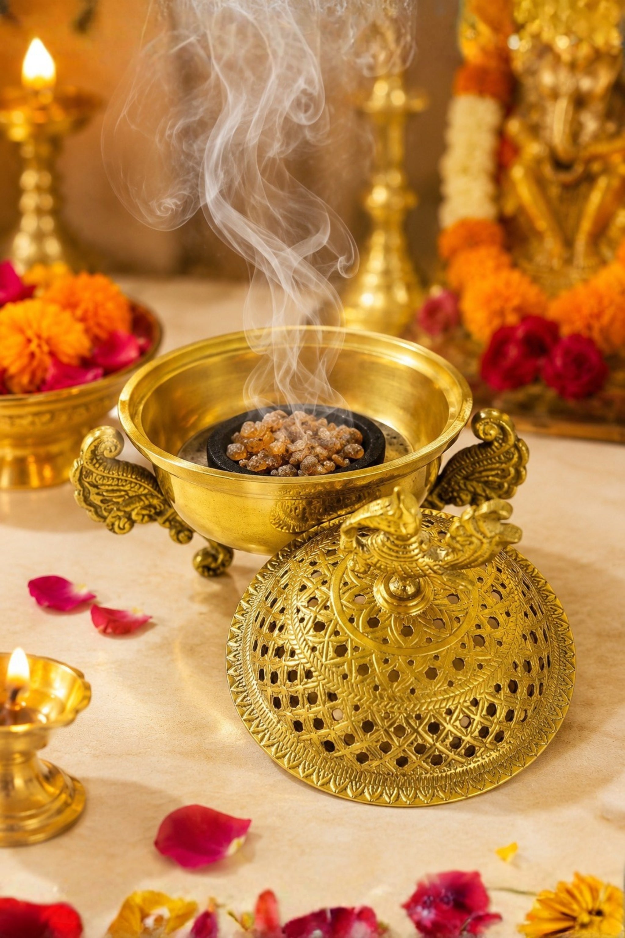 Premium Brass Loban Burner with Peacock Top | Handcrafted Brass Dhoop Dani for Loban, Sambrani Cups, Dhoop, Bakhoor & Resin Incense | Decorative Pooja Dhuni Burner for Home Temple & Meditation