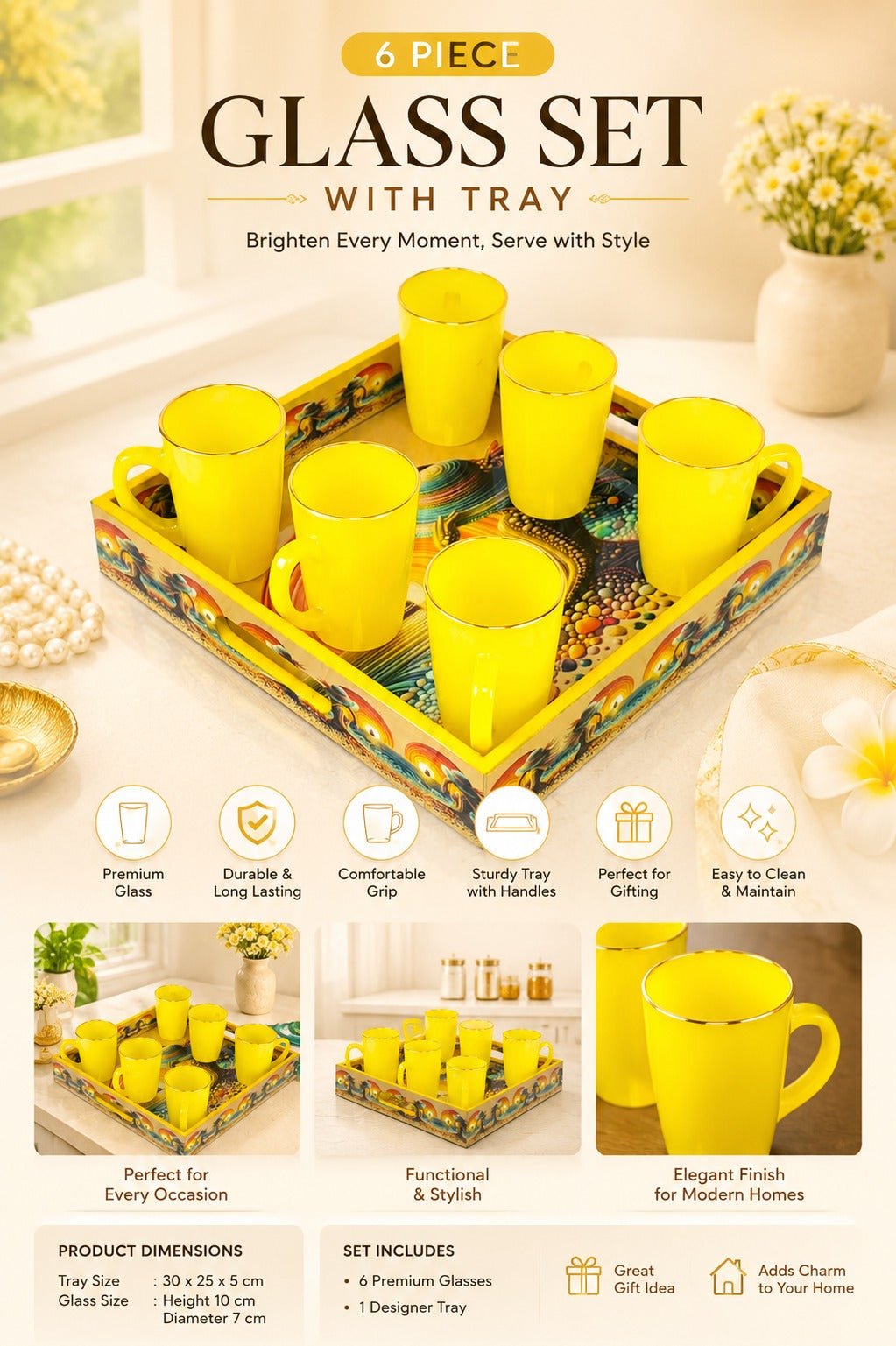 Premium 6 Yellow Glass Mug Set with Designer Serving Tray | Tea & Coffee Mug Set | Decorative Drinkware Set for Home, Office & Gifting