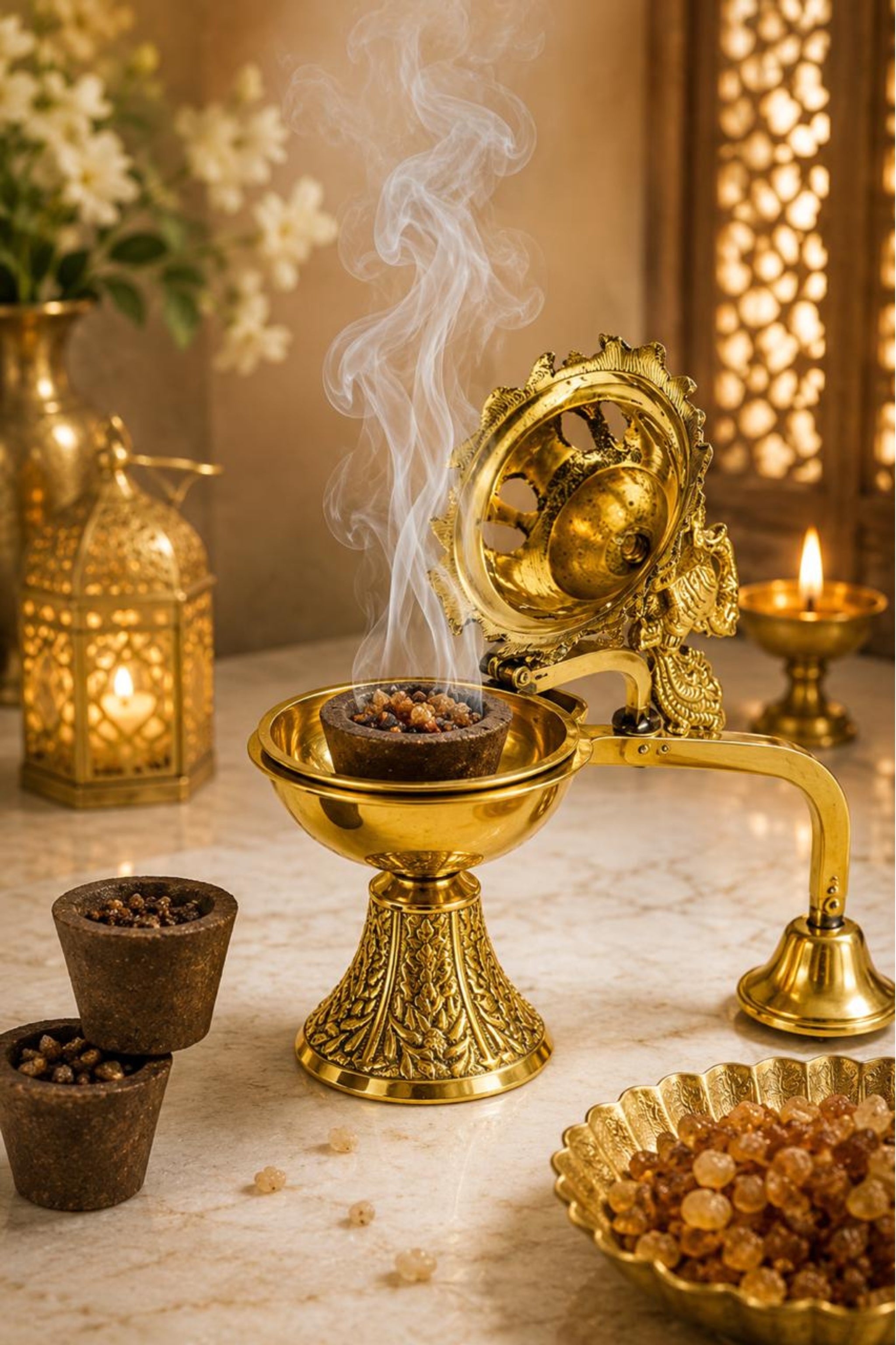 Premium Peacock Brass Incense Burner with Handle | Handcrafted Brass Dhoop Dani for Sambrani, Loban, Dhoop Cups & Resin Incense | Decorative Pooja Dhuni Burner for Home & Temple