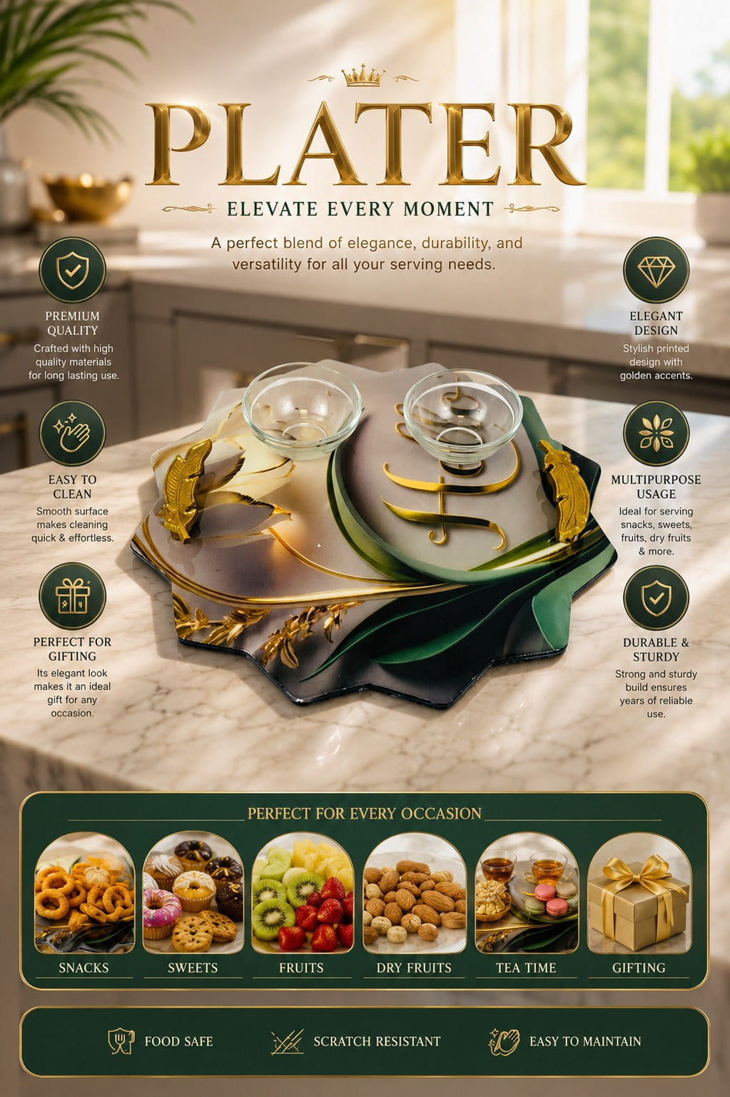 Premium Multipurpose Serving Tray with 2 Glass Bowls & Gold Handles | Decorative MDF Snack Serving Platter | Printed Serving Board for Snacks, Dry Fruits, Desserts & Tea Time