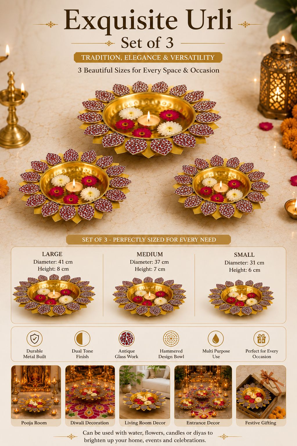 Premium Lotus Urli Bowl Set of 3 with Antique Glass Leaf Design | Decorative Metal Floating Flower Bowls for Water, Candles & Tea Lights | Traditional Urli for Diwali, Pooja, Wedding & Home Décor