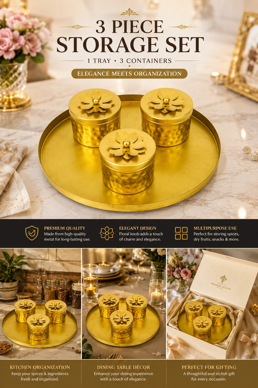 Premium 3 Piece Metal Storage Container Set with Round Serving Tray | Gold Dry Fruit, Mukhwas & Spice Container Set | Decorative Kitchen Organizer for Home, Dining & Gifting