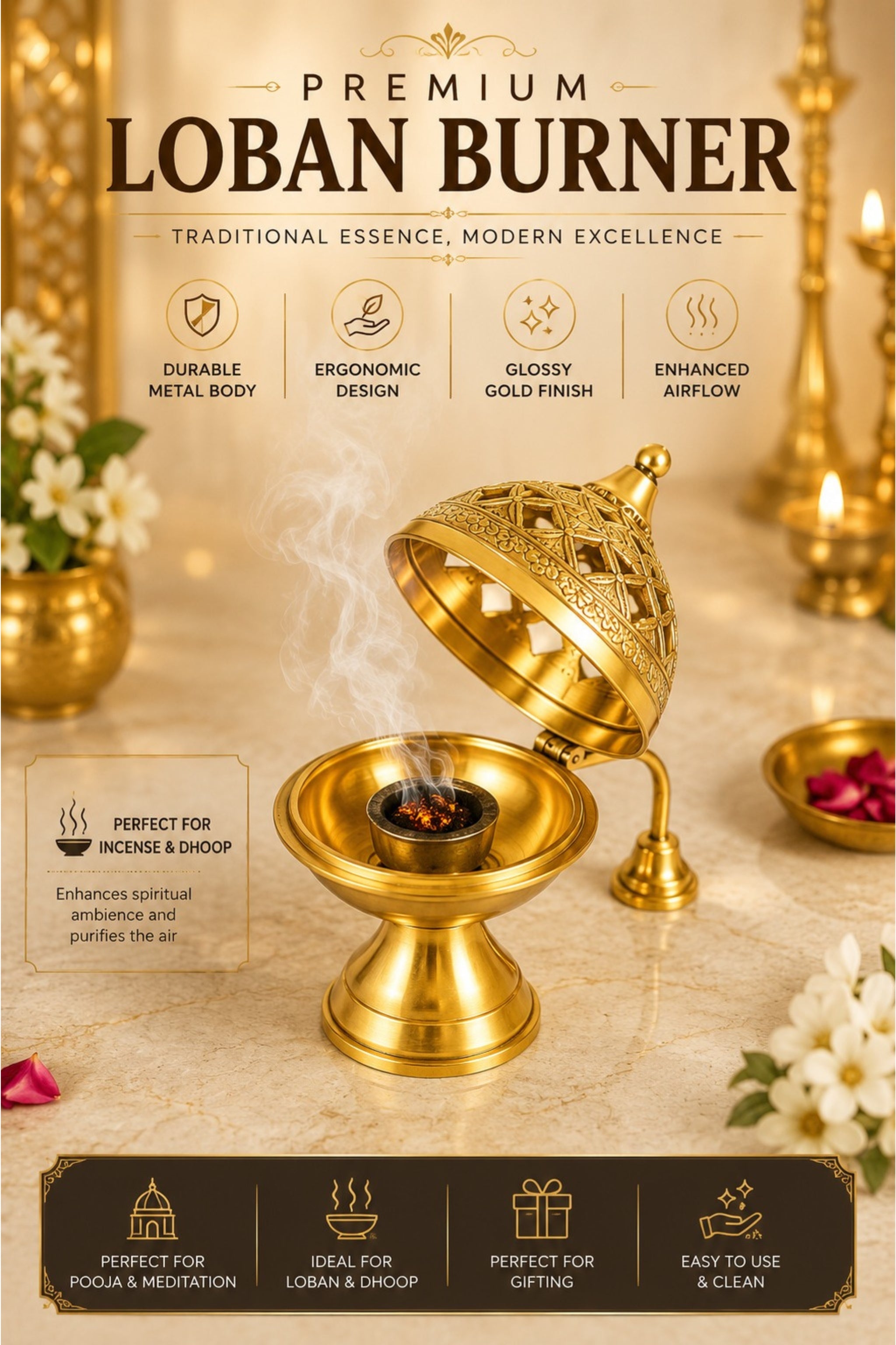 Premium Brass Loban Burner with Handle | Handcrafted Brass Dhoop Dani for Loban, Sambrani Cups, Bakhoor, Resin Incense & Dhoop | Hinged Lid Pooja Incense Burner for Home Temple, Meditation & Gifting