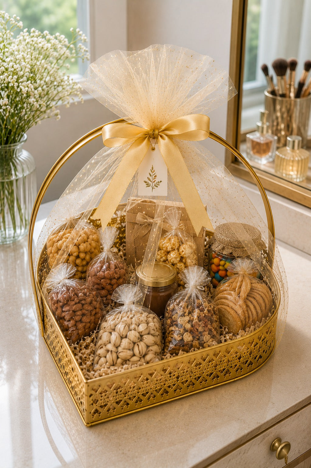 Premium Extra Large Heart-Shaped Metal Gift Hamper Basket with Handle | Decorative Gold Serving Tray for Dry Fruits, Chocolates, Gifts & Festive Hampers | Luxury Organizer for Home Décor, Weddings & Diwali