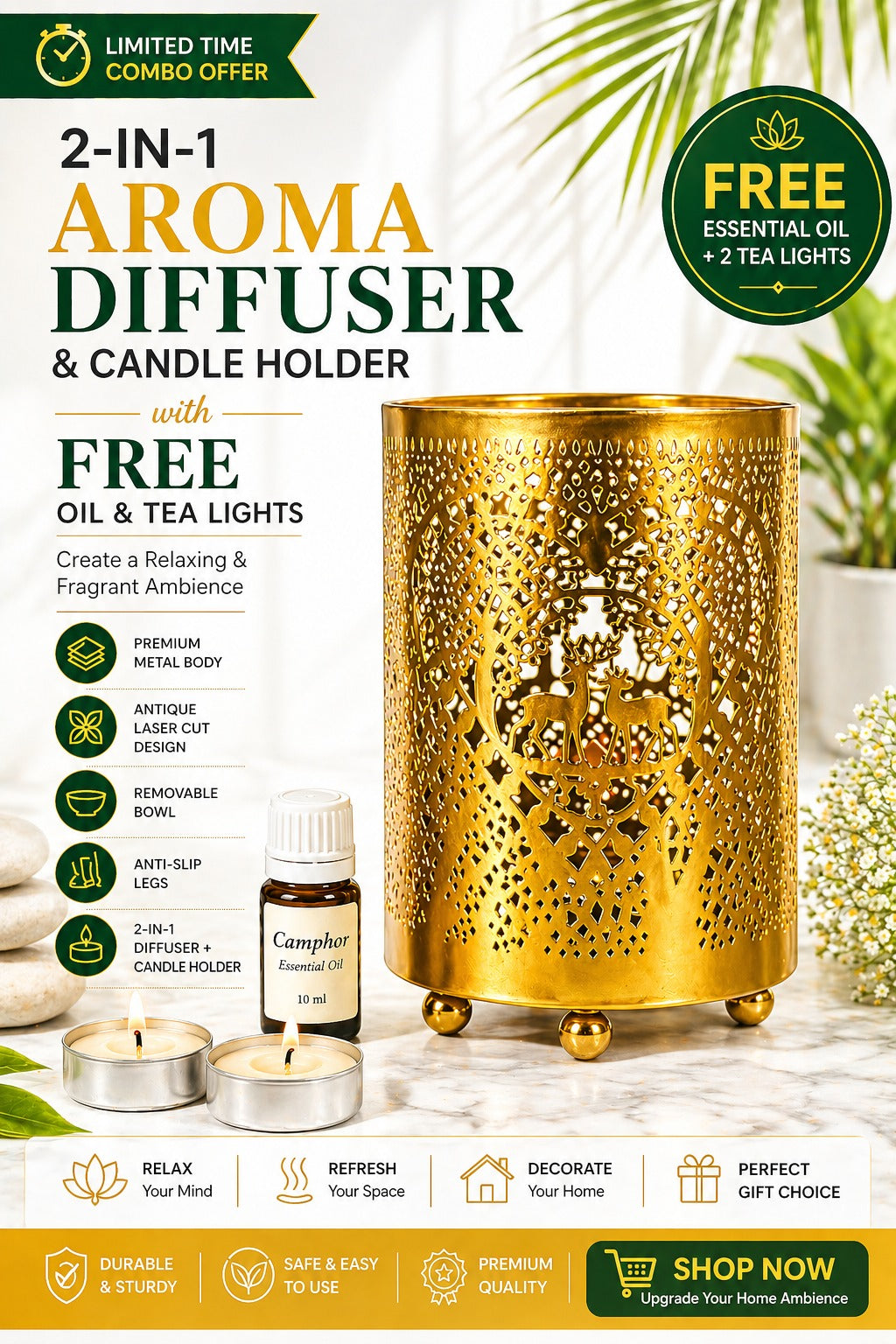 Premium Gold Metal Aroma Oil Burner Set with Tea Light Candles & Essential Oil | Designer Cutwork Candle Diffuser | Warm Ambient Fragrance Burner | Elegant Home Décor & Gifting Combo