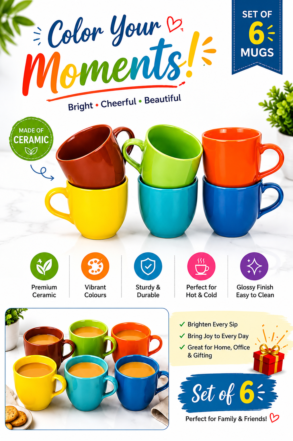 6 Colorful Ceramic Coffee Mug Set with Metal Mug Tree Stand | Space Saving Cup Holder Rack | Tea & Coffee Cups with Durable Metal Stand | Modern Kitchen Counter Organizer | Gift Set for Home & Office