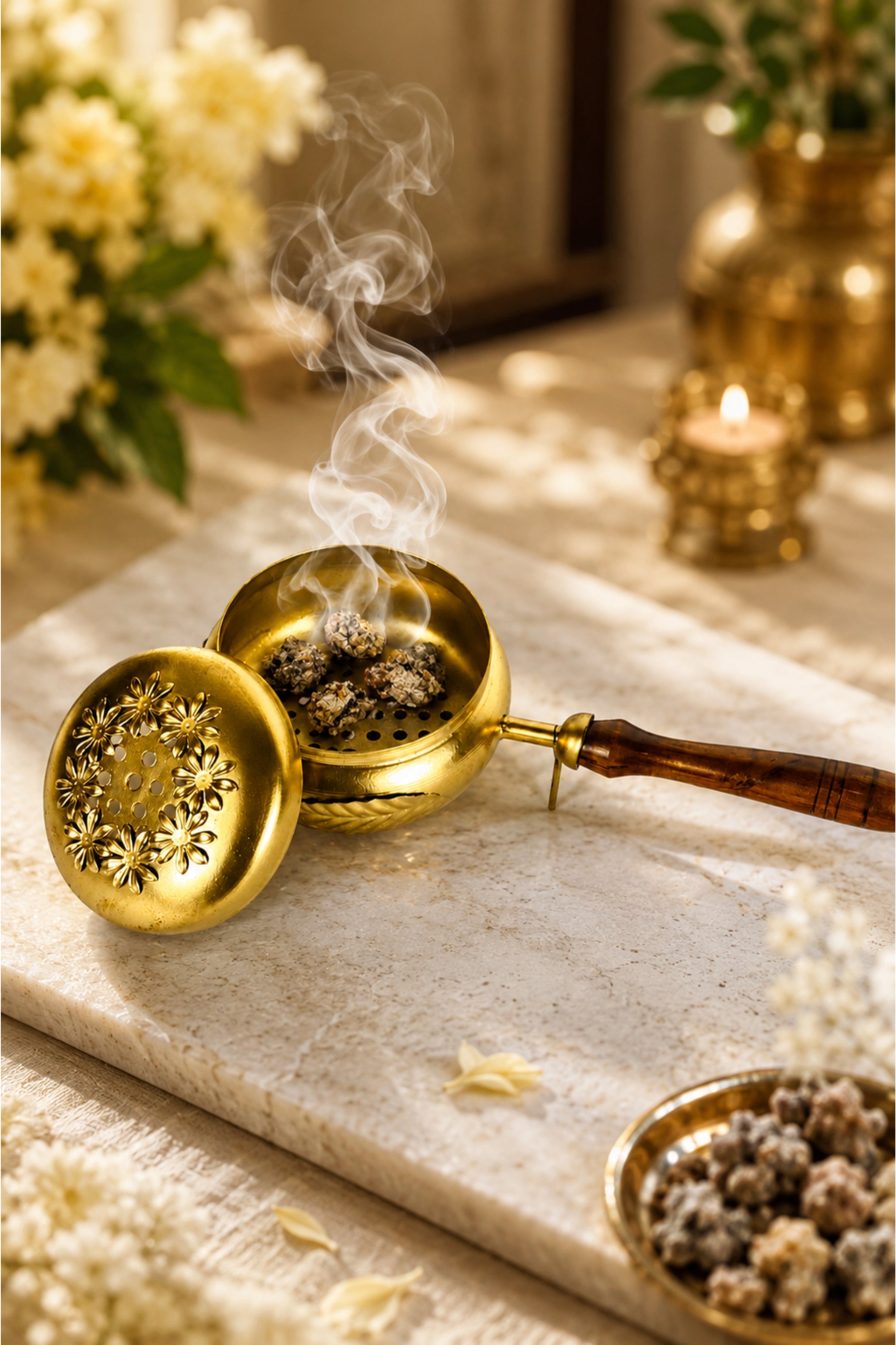 Brass Loban Incense Burner with Wooden Handle | Floral Design Dhoop Dani Dhuni Sambrani Bakhoor Burner | Handheld Incense Holder