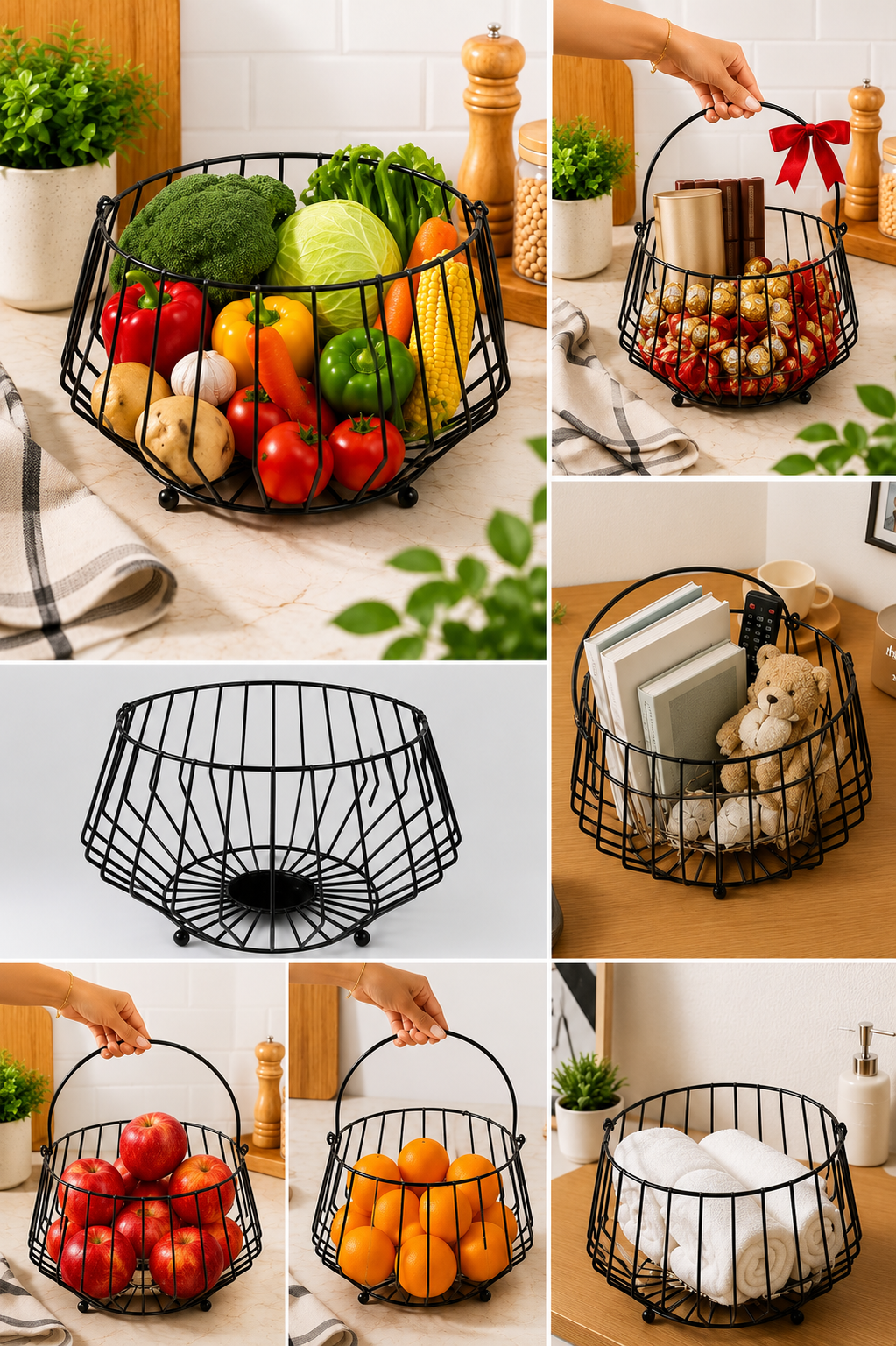 Modern Metal Fruit Basket with Handle | Round Wire Storage Basket | Kitchen & Dining Table Organizer