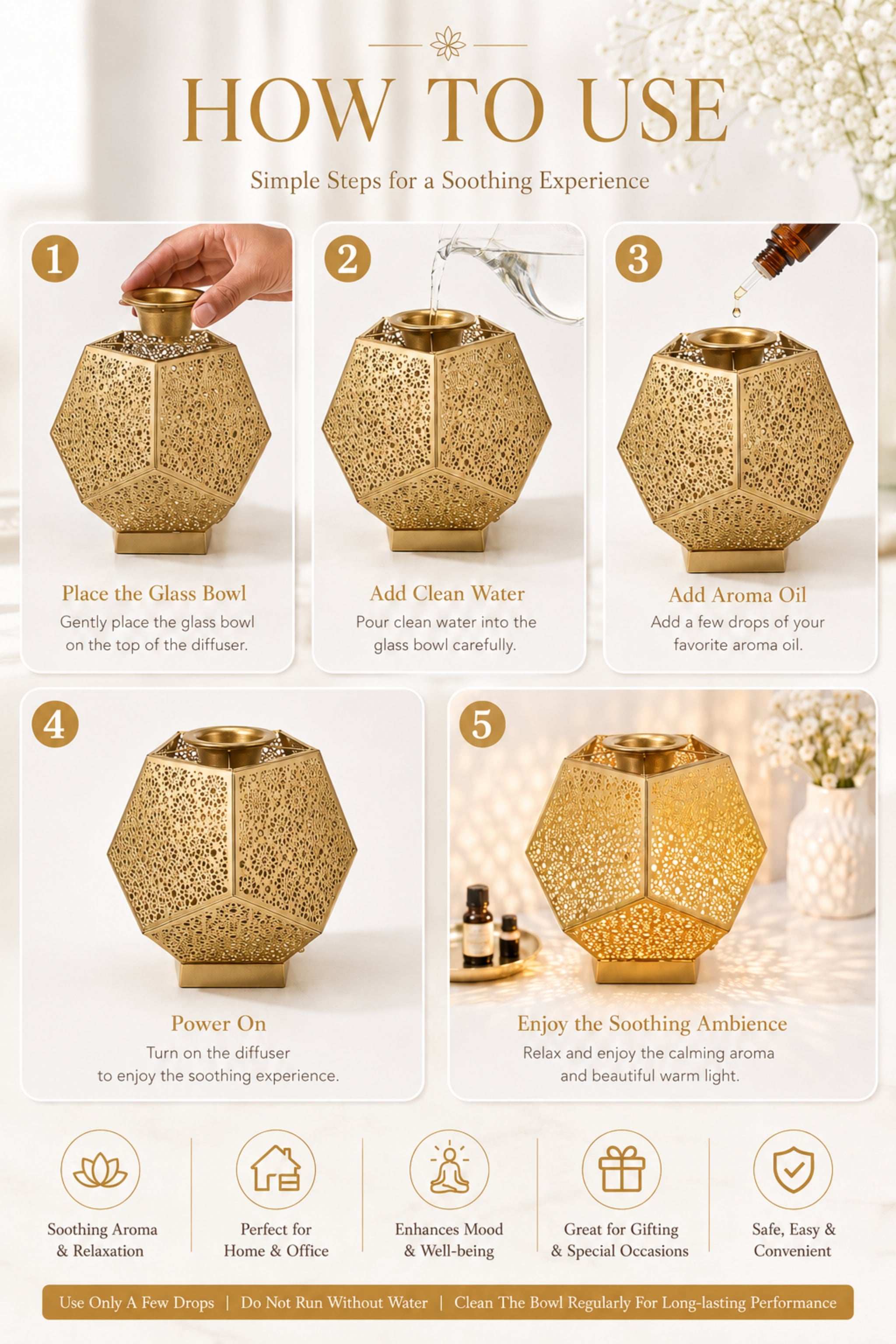 Golden Metal Electric Aroma Diffuser Lamp with Laser Cut Shadow Design | Essential Oil Burner with Warm Light for Home Décor, Bedroom, Spa, Diwali Gifting & Relaxation