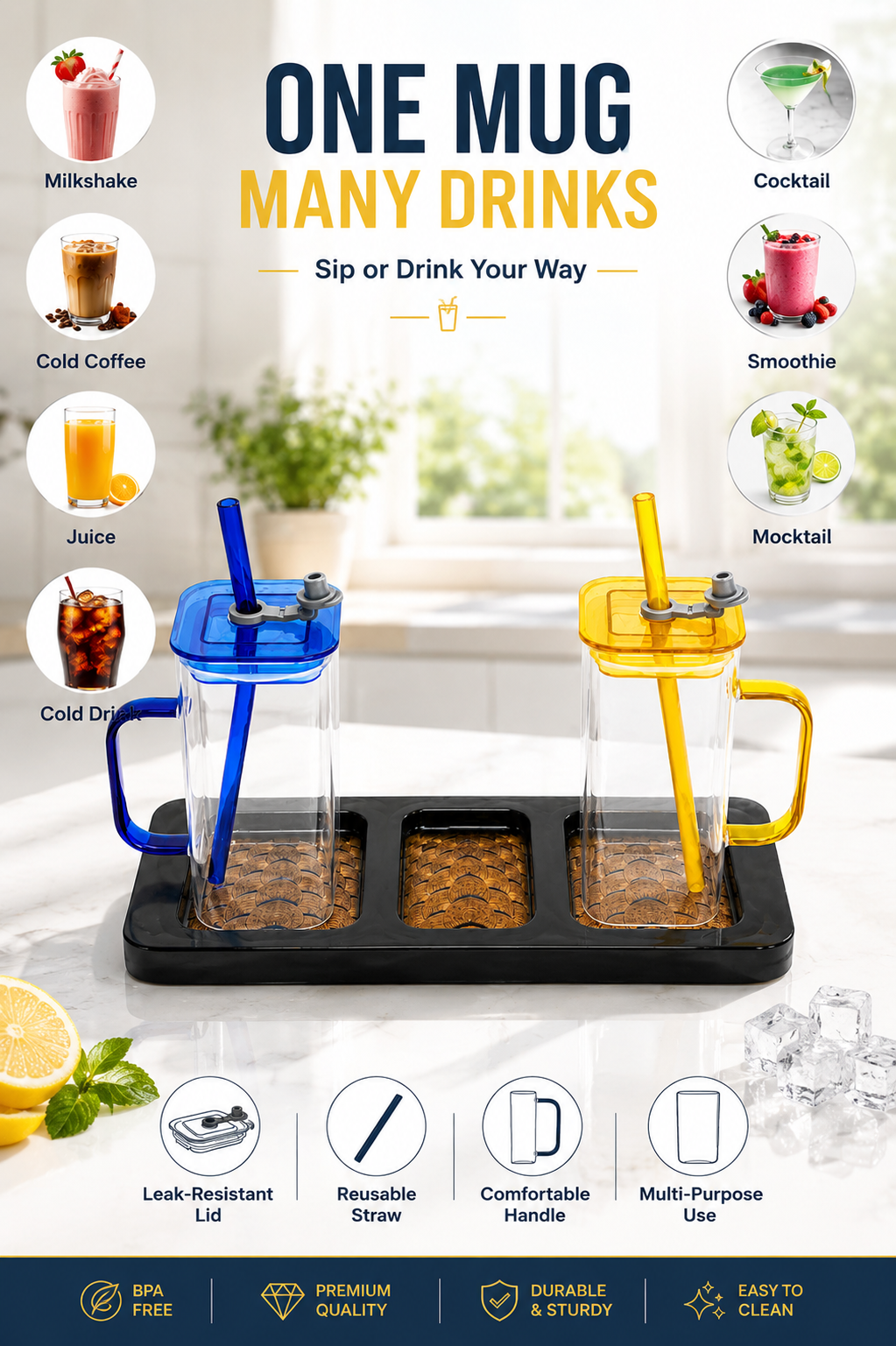 Double Wall Juice Glass Set Of 2 With Lid & Straw With MDF Serving Tray | Square Transparent Drink Glasses For Juice Water Cold Coffee Smoothies