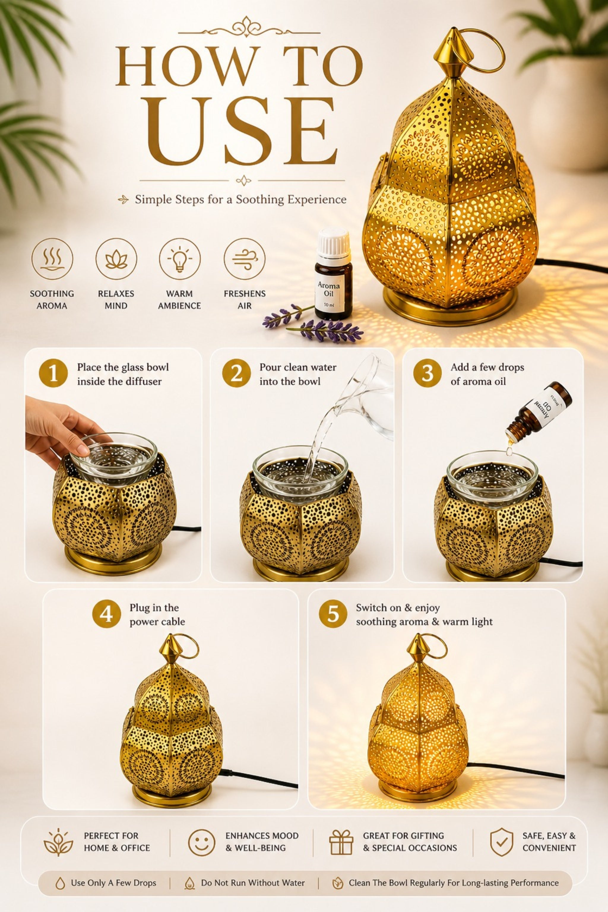 Premium Metal Aroma Diffuser Lamp with Essential Oil | Elegant Cutwork Design Electric Burner | Warm Ambient Light Aromatherapy Diffuser | Decorative Home Fragrance Lamp for Relaxation & Gifting