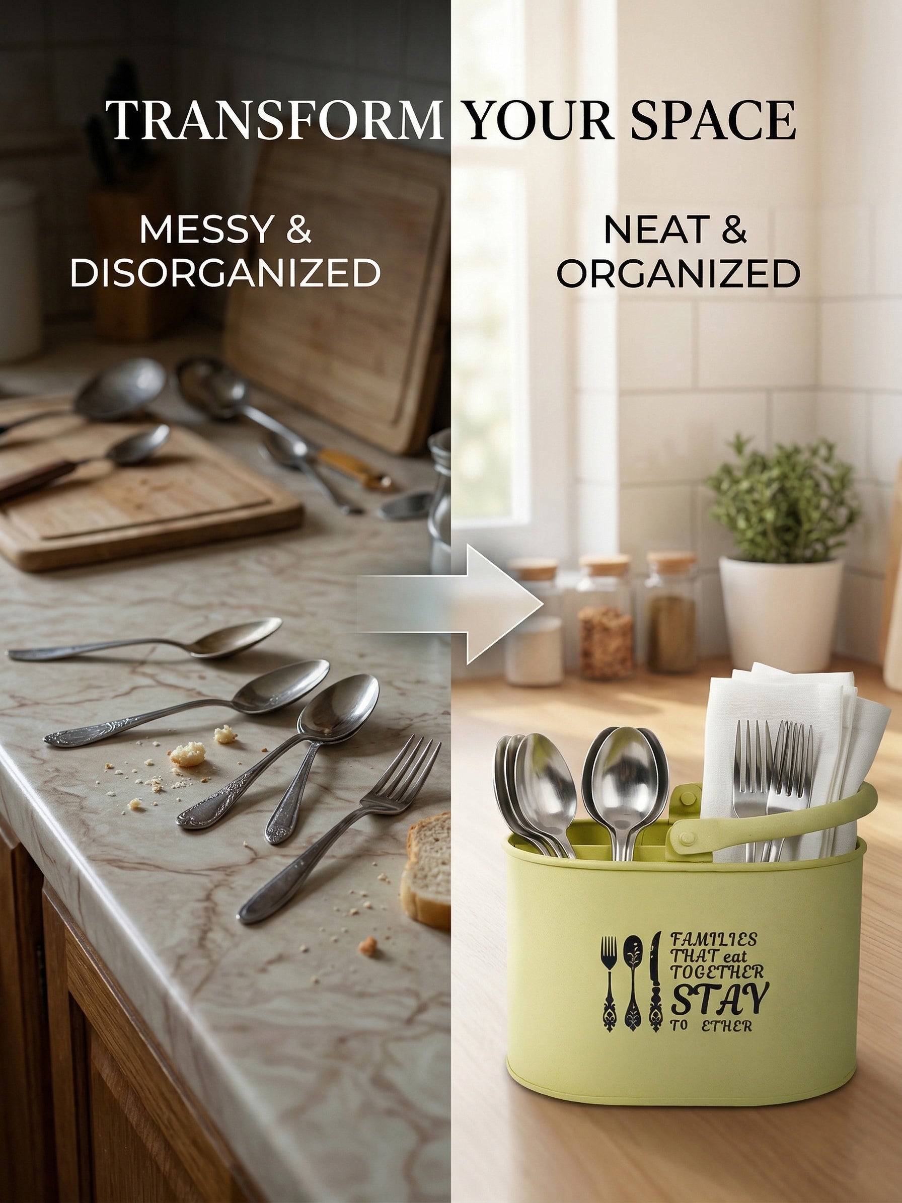 Premium Metal Cutlery Holder with Handle | 4 Compartment Utensil Caddy Basket Organizer | Portable Spoon, Fork, Knife & Napkin Stand for Kitchen, Dining Table & Home Storage